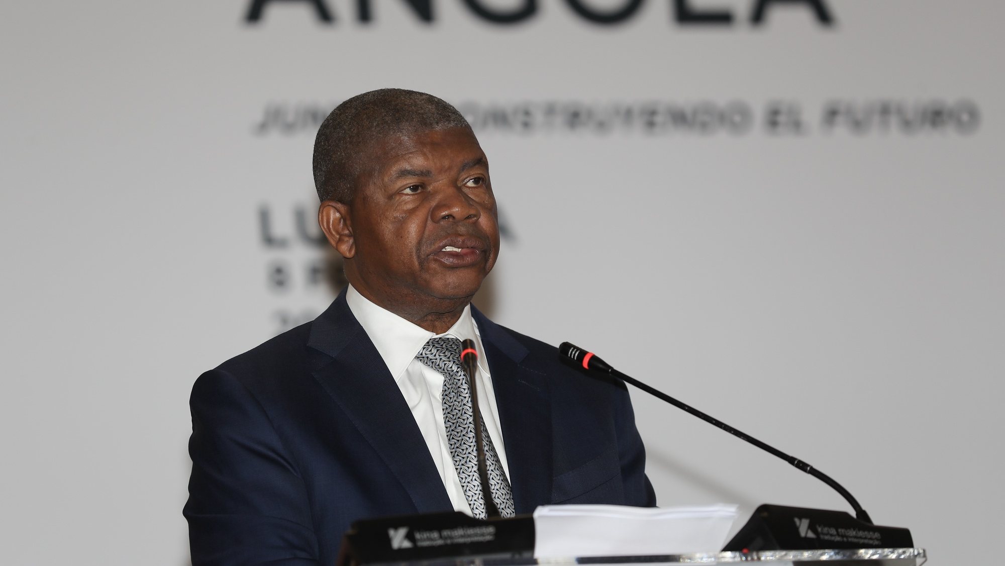 Angola&#039;s President Joao Lourenco and Felipe VI King of Spain (not seen) attend a Business Forum on the last day visit in Luanda, Angola, 08 February 2023. AMPE ROGERIO/LUSA