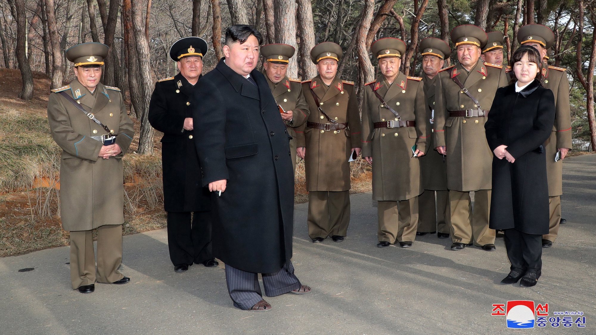 epa10512828 A photo released by the official North Korean Central News Agency (KCNA) shows Supreme Leader Kim Jong Un (3-L) and his daughter Kim Ju-ae (R) at an artillery drill in an undisclosed location in North Korea, 09 March 2023 (issued 10 March 2023). According to KCNA, Supreme Leader Kim Jong Un &#039;gave field guidance&#039; at the &#039;fire assault drill&#039; by the Hwasong artillery unit of the Korean People&#039;s Army.  EPA/KCNA   EDITORIAL USE ONLY