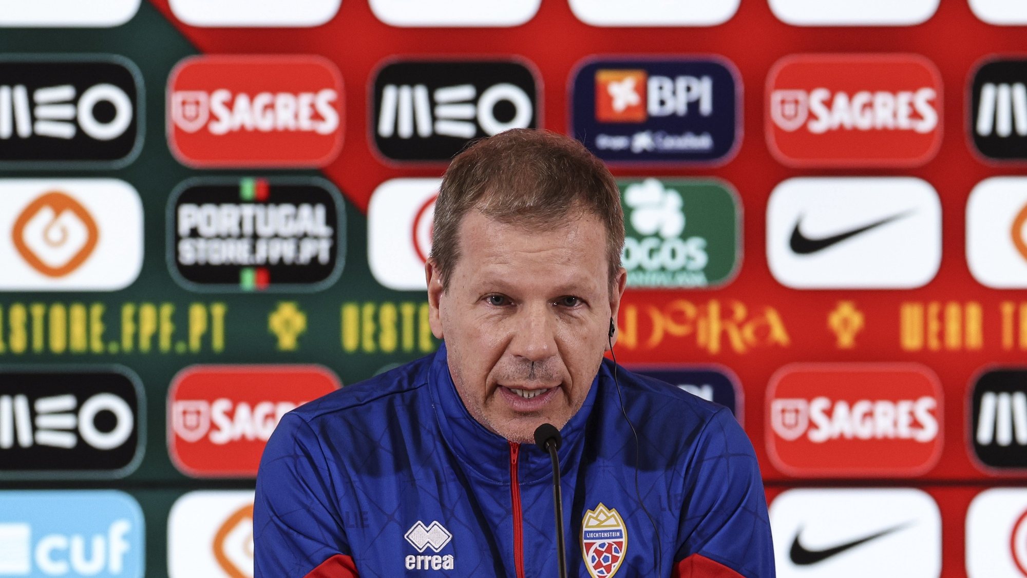 Liechtenstein head coach Rene Pauritsch speaks at the press conference before tomorrow`s match against Portugal for the UEFA EURO 2024 qualification round of Group J at Alvalade XXI Stadium in Lisbon, 22 of March 2023. MIGUEL A. LOPES/LUSA