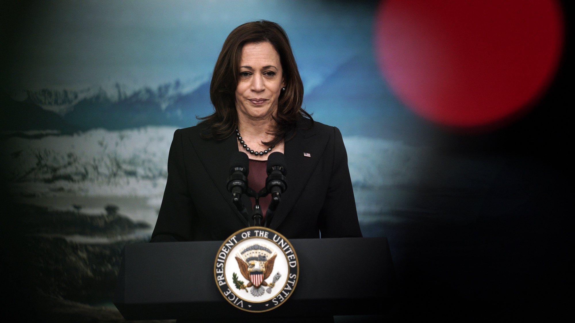 epa09586268 US Vice President Kamala Harris virtually delivers remarks at the Tribal Nations Summit from the South Court Auditorium at the White House, in Washington, DC, USA, 16 November 2021.  EPA/Yuri Gripas / POOL