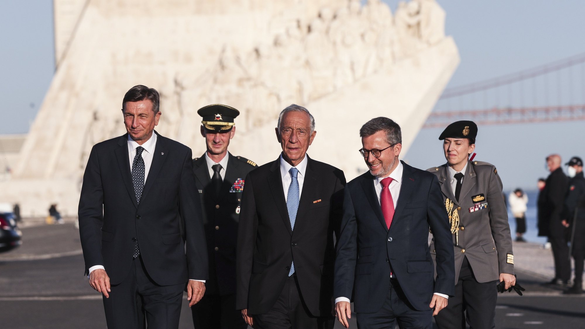 Portugal&#039;s President Marcelo Rebelo de Sousa (C) with Slovenia&#039;s President Borut Pahor (L) and Lisbon&#039;s mayor, Carlos Moedas (2R) at their arrival to inaugurate the bench alluding to friendship between Portugal and Slovenia at Belem, in Lisbon, Portugal, 14 February 2022. Borut Pahor is on a two-day official visit to Portugal. TIAGO PETINGA/LUSA