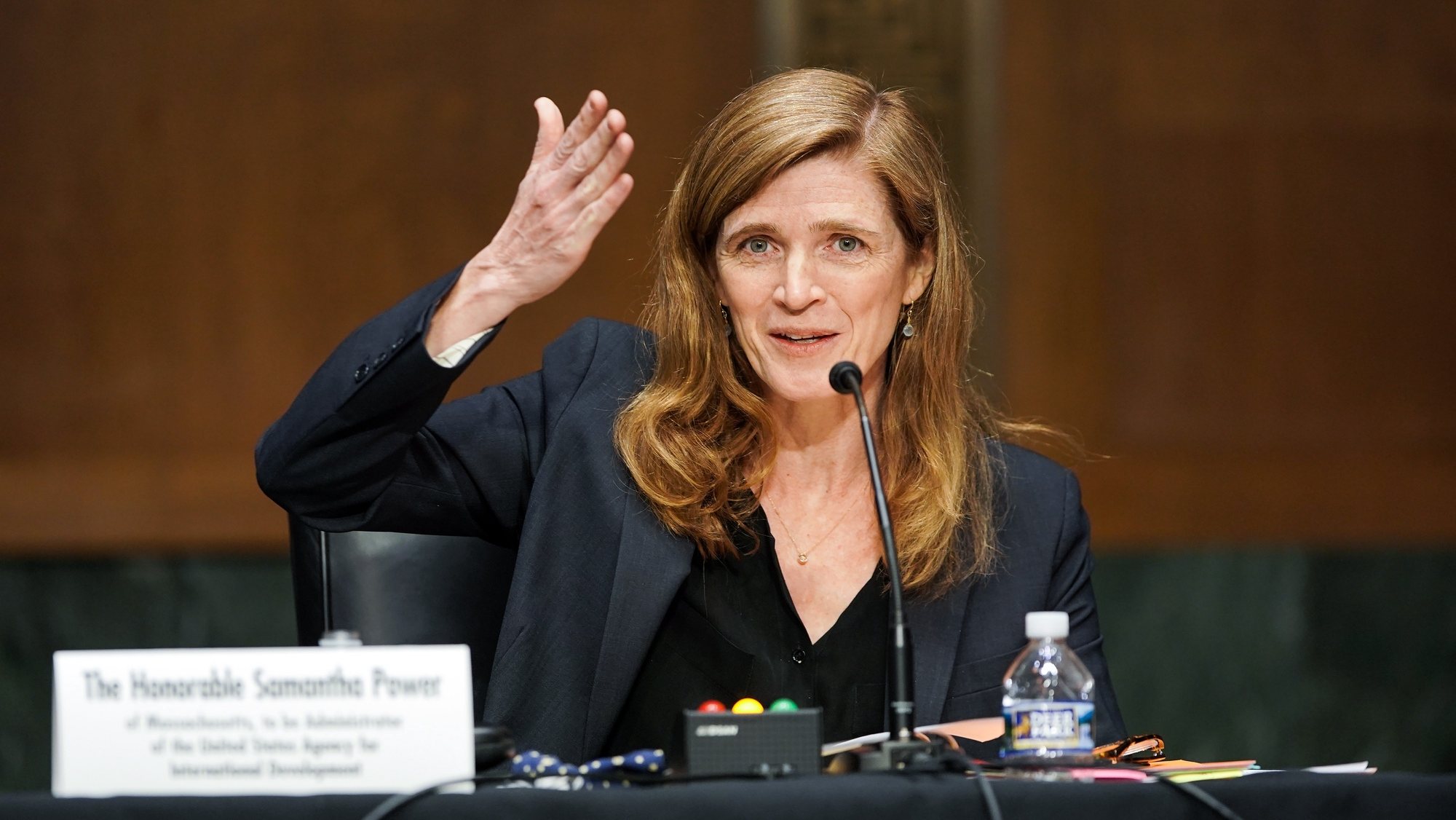 epa09092084 Samantha Power, nominee to be Administrator of the United States Agency for International Development, answers questions at her confirmation hearing before the Senate Foreign Relations Committee in Washington, DC, USA, 23 March 2021.  EPA/Greg Nash / POOL