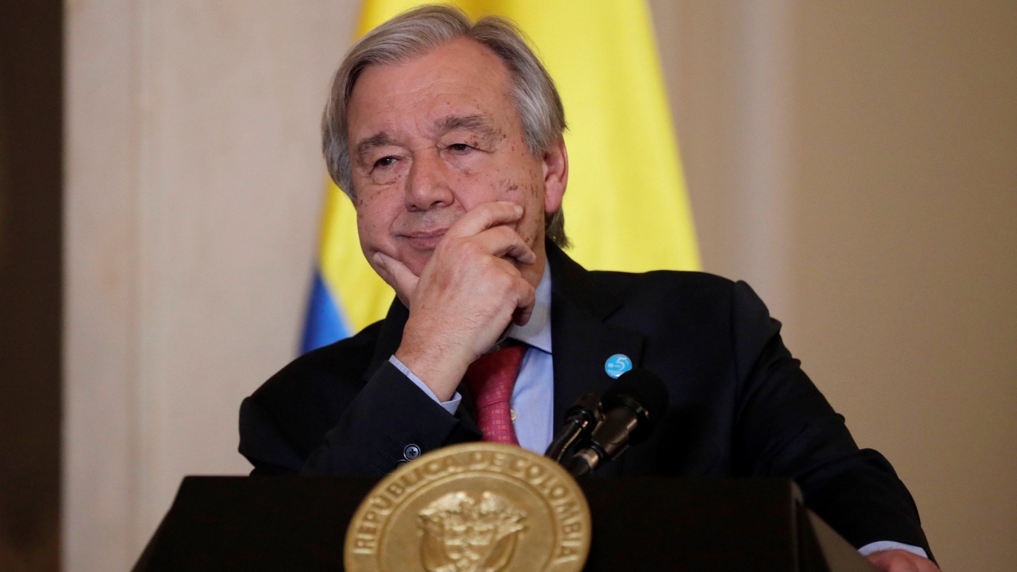 epa09601862 UN Secretary General Antonio Guterres speaks during a press conference  at Casa de Narino in Bogota, Colombia 24 November 2021. Guterres arrived in Colombia on 22 November to participate this week in various events around the anniversary of the signing of the peace agreement between the Colombian government and the former FARC guerrilla, which officially celebrates its fifth anniversary this 24 November. at the headquarters of the Special Jurisdiction for Peace (JEP), the ad hoc court created to try war crimes and crimes against humanity during the conflict.  EPA/Carlos Ortega