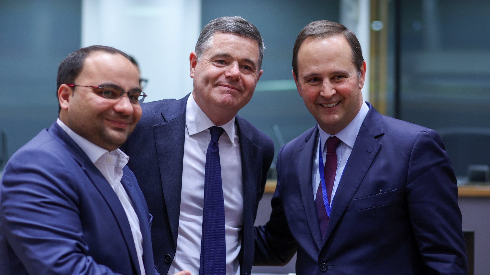 epa11214708 (L-R) Malta&#039;s Finance Minister Clyde Caruana, the President of the Eurogroup Paschal Donohoe and Portuguese Minister of Finance Fernando Medina at the start of an Eurogroup finance ministers meeting in Brussels, Belgium, 11 March 2024.  EPA/OLIVIER HOSLET