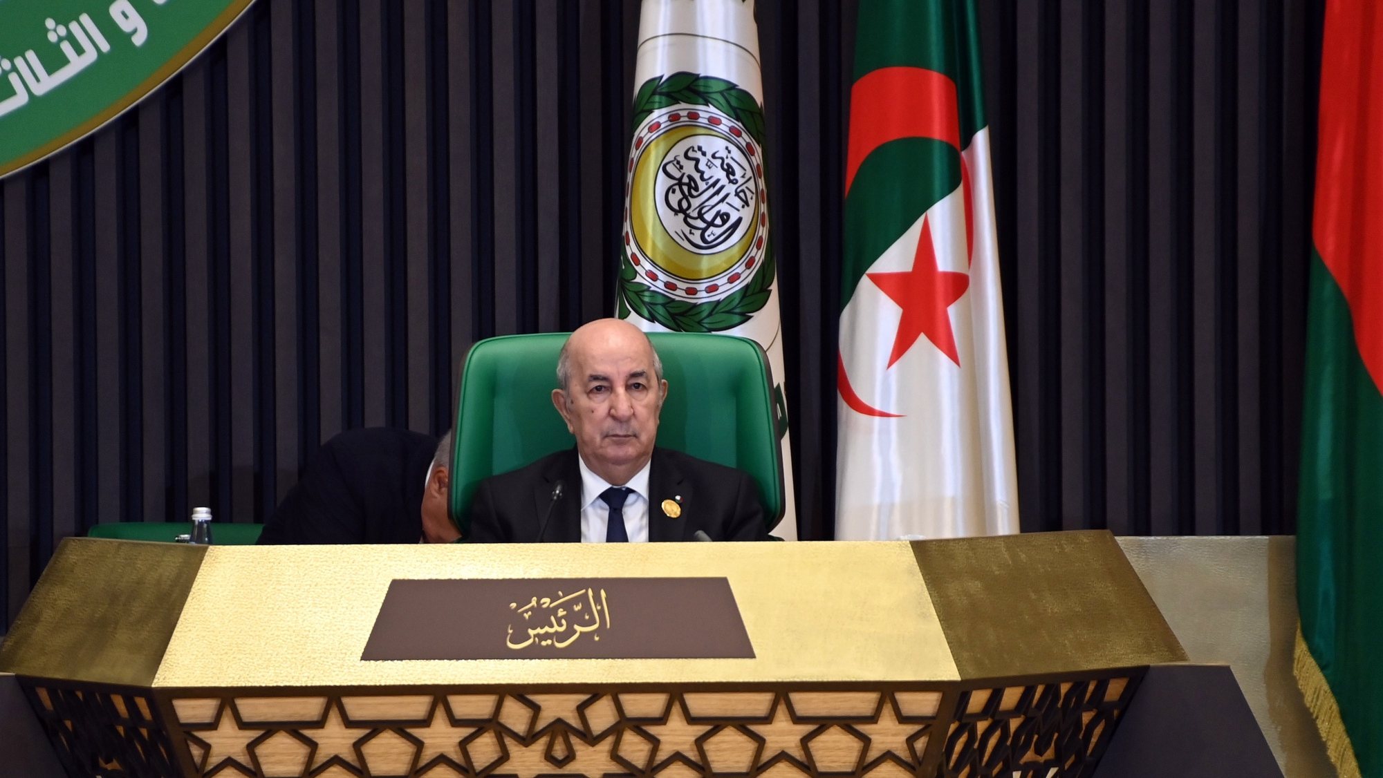 epa10281780 A handout photo made available by the Algerian presidency press service shows Algerian President Abdelmadjid Tebboune attending the closing ceremony of the 31st Summit of the Arab League in Algiers, Algeria, 02 November 2022. The 31st Summit of the Arab League takes place in Algiers on 01 and 02 November.  EPA/ALGERIAN PRESIDENCY HANDOUT  HANDOUT EDITORIAL USE ONLY/NO SALES