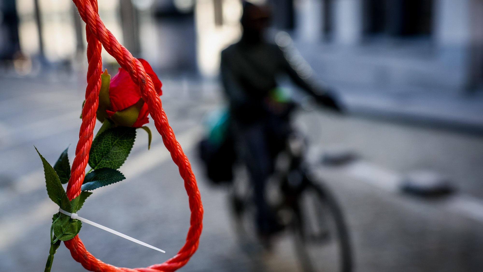 epa10413581 A hanging rope and rose stand near Iranian people protesting outside the Ministry of Foreign Affairs in Brussels, Belgium, 18 January 2023. The protesters are calling on Belgian authorities to place Islamic Revolutionary Guard Corps (IRGC) and the Iranian Ministry of Intelligence on the EU and UN &#039;terrorist list&#039;.  EPA/STEPHANIE LECOCQ