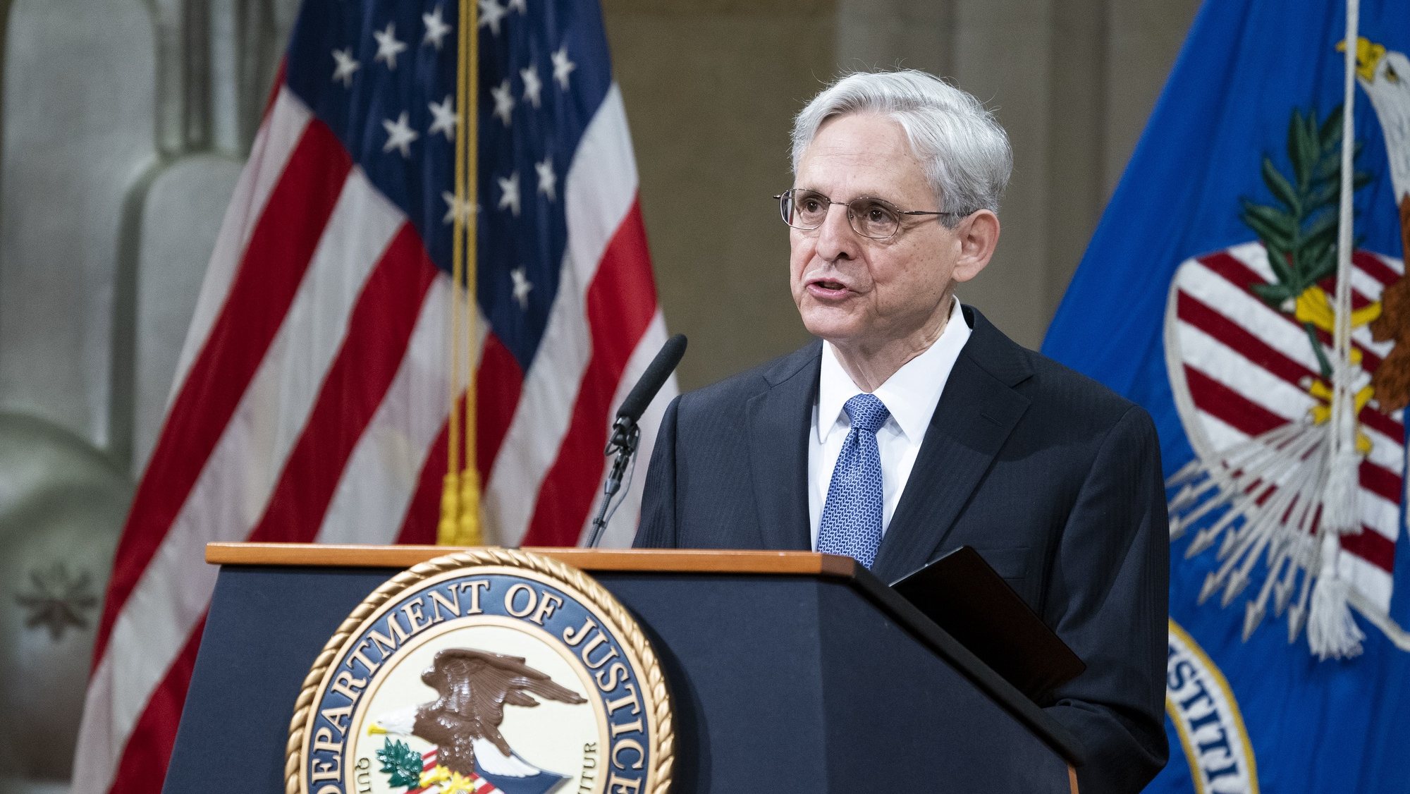 epa09067965 U.S. Attorney General Merrick Garland addresses staff on his first day at U.S. Department of Justice in Washington, DC, USA, 11 March 2021. Garland, a one time Supreme Court nominee under President Obama, was confirmed Wednesday 10 March by a Senate of vote of 70-30.  EPA/KEVIN DIETSCH / POOL