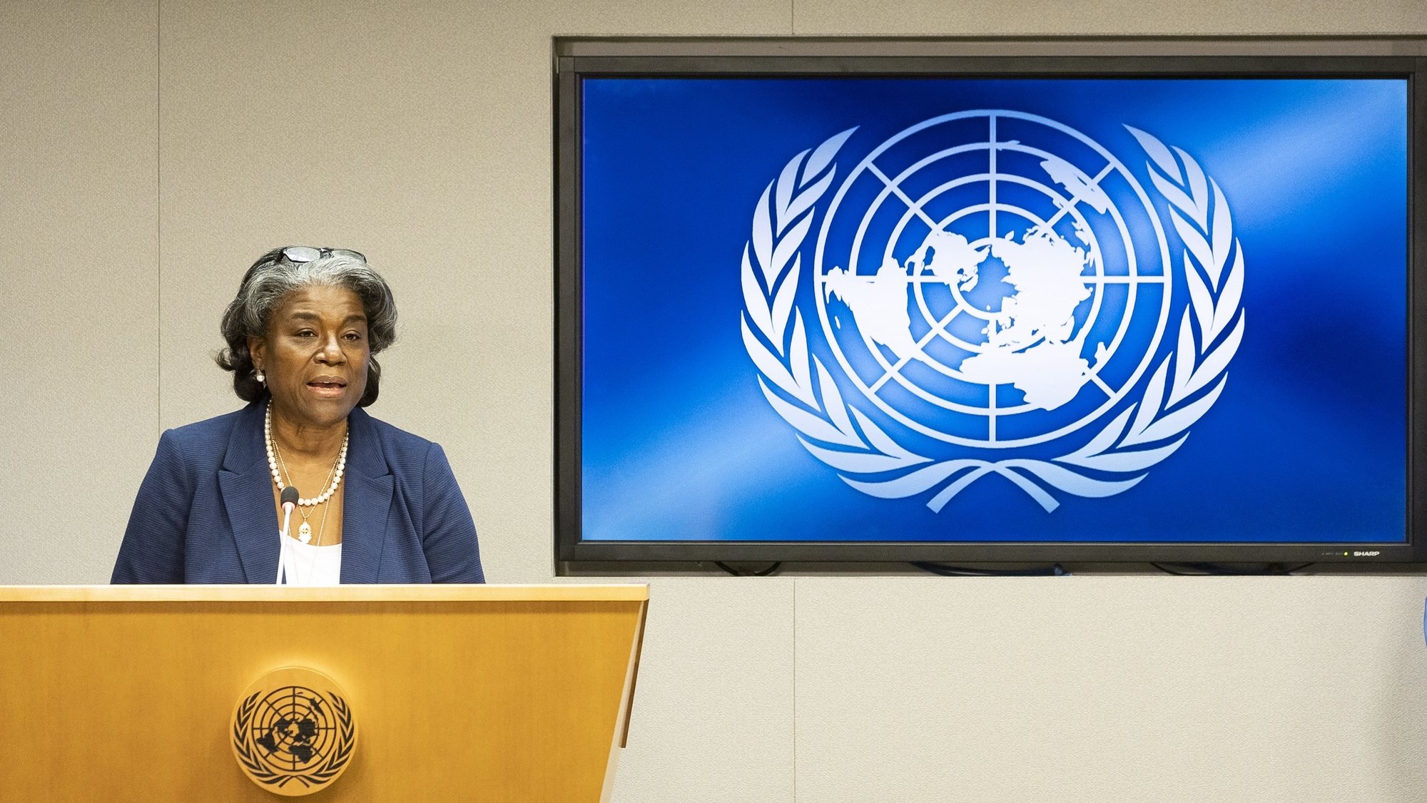 epa09045277 Linda Thomas-Greenfield, the United States’ new ambassador to the United Nations, holds her first press conference as the United States is set to take the presidency of the UN Security Council for the month, at United Nations headquarters in New York, New York, USA, 01 March 2021.  EPA/JUSTIN LANE