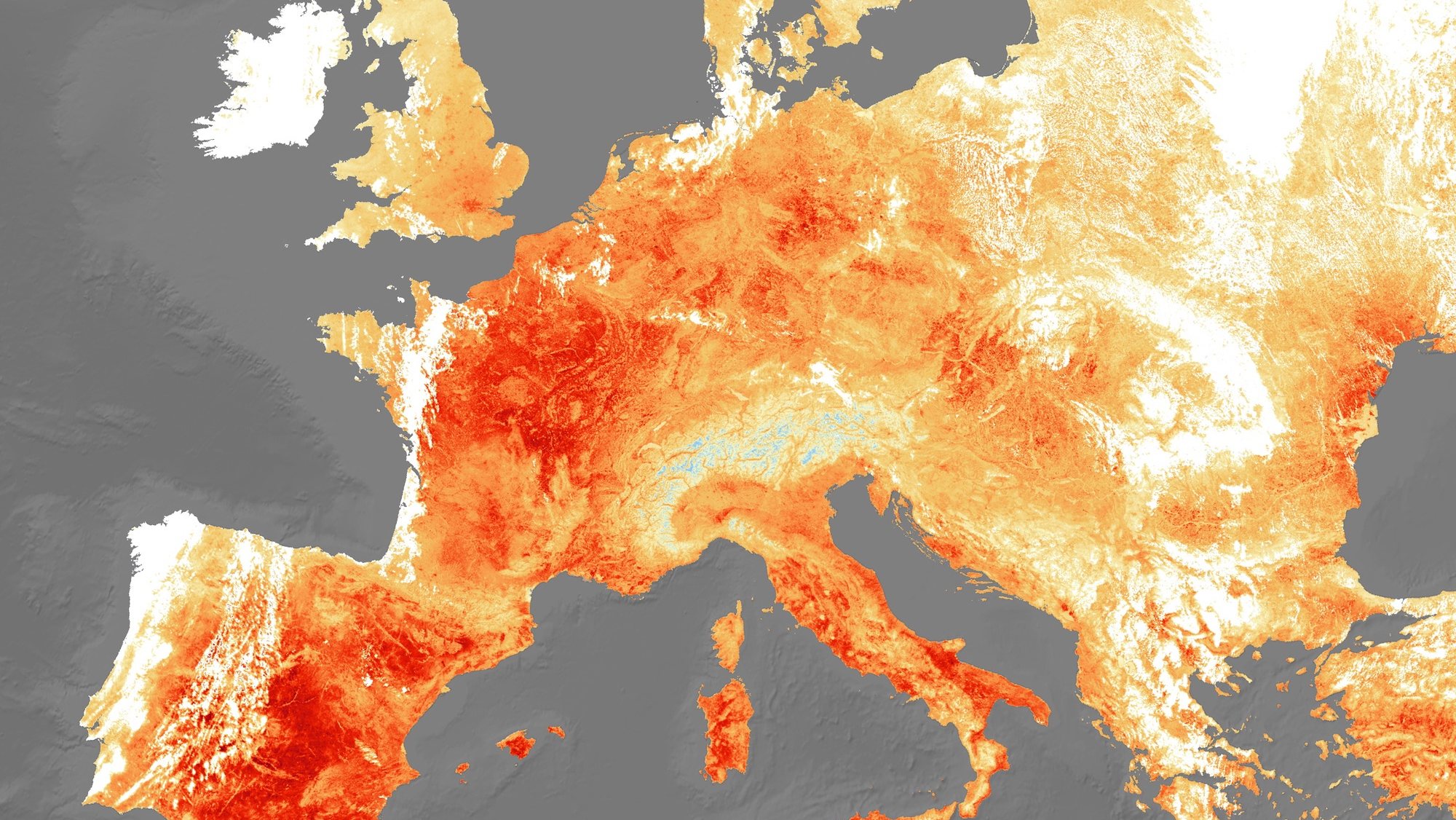 epa07742016 A handout photo made available by the European Space Agency (ESA) shows a map generated using the Copernicus Sentinel-3&#039;s Sea and Land Surface Temperature Radiometer of an extreme heatwave that hit Europe on 25 July 2019 (issued 26 July 2019). High temperatures on 25 July 2019, reached as high as 39-40 degrees Celsius, with Netherlands, Belgium and Germany recording their highest ever temperatures. Paris reached a sweltering 41-degree Celsius, breaking its previous record in 1947. This map represents the real temperature of the land surface as the satellite measures the real amount of energy radiating from Earth. Clouds in the image are visible in white while snow-covered areas are represented in light blue.  EPA/EUROPEAN SPACE AGENCY HANDOUT  HANDOUT EDITORIAL USE ONLY/NO SALES