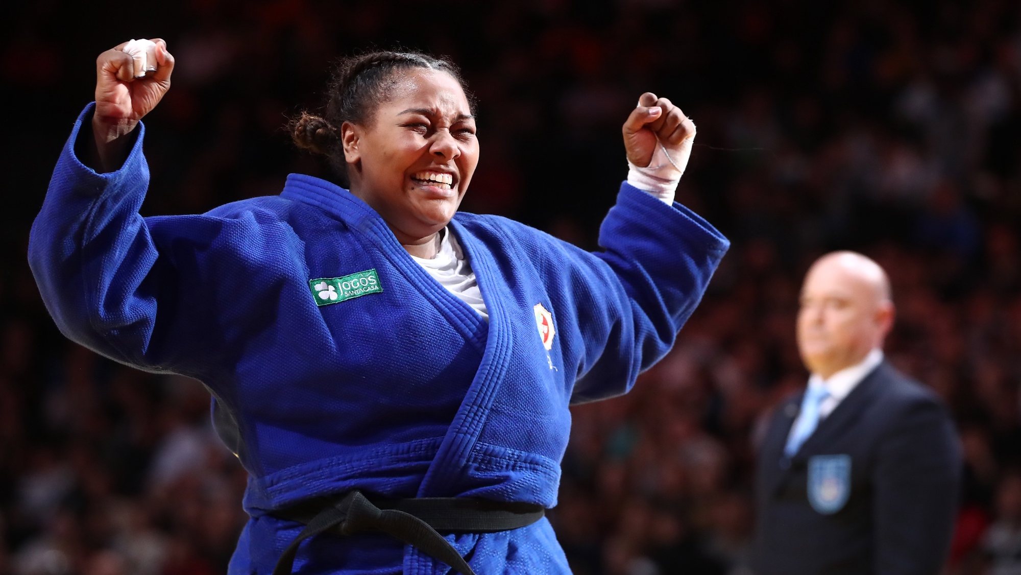 epa08206337 Rochele Nunes of Portugal (blue) reacts after winning the women&#039;s +78kg bronze medal match at the Paris Grand Slam judo tournament, in Paris, France, 09 February 2020.  EPA/CHRISTOPHE PETIT TESSON