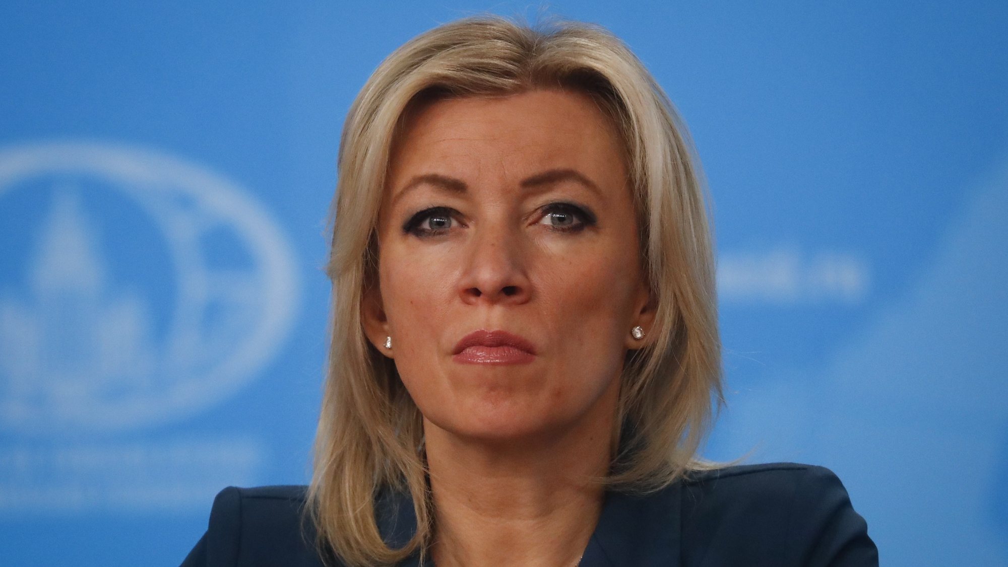 epa09684642 Russian Foreign Ministry spokeswoman Maria Zakharova during a annual news conference of Russian Foreign Minister Sergei Lavrov in Moscow, Russia, 14 January 2022. Sergei Lavrov gave a ​press conference on the results of Russian diplomacy in 2021.  EPA/MAXIM SHIPENKOV