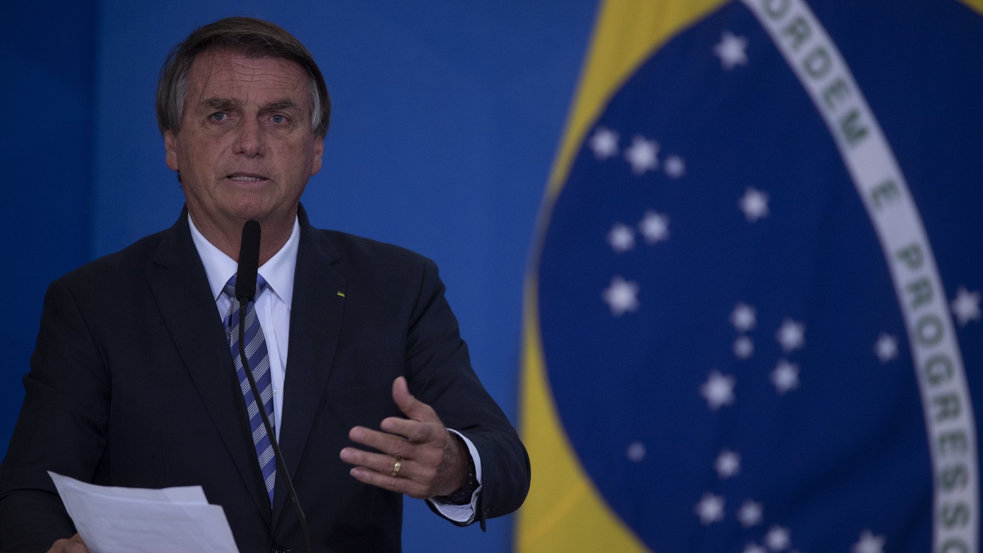 O Presidente do Brasil, Jair Bolsonaro, numa cerimónia do Plano de Desporto Nacioanl, no Palácio do Planalto de Brasília, no Brasil