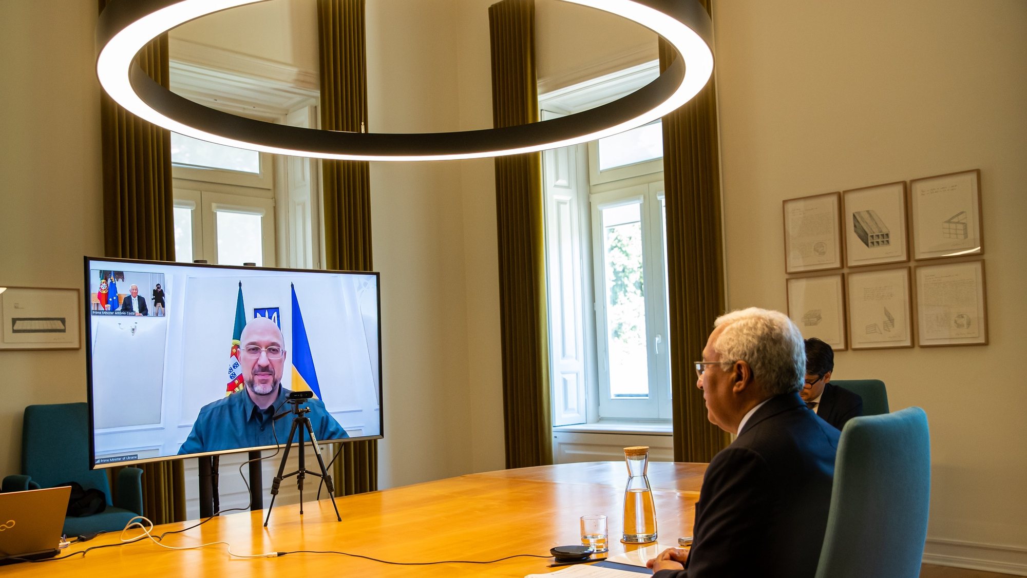 The portuguese Prime Minister Antonio Costa (R) speaks with his Ukranian counterpart Denys Shmygal in a zoom meeting to discuss the bilateral cooperation between the two countries and to analyze the current situation in the war between Russia and Ukraine, at Palacio de Sao Bento, in Lisbon, Portugal, 04 May 2022. JOSÉ SENA GOULÃO/LUSA