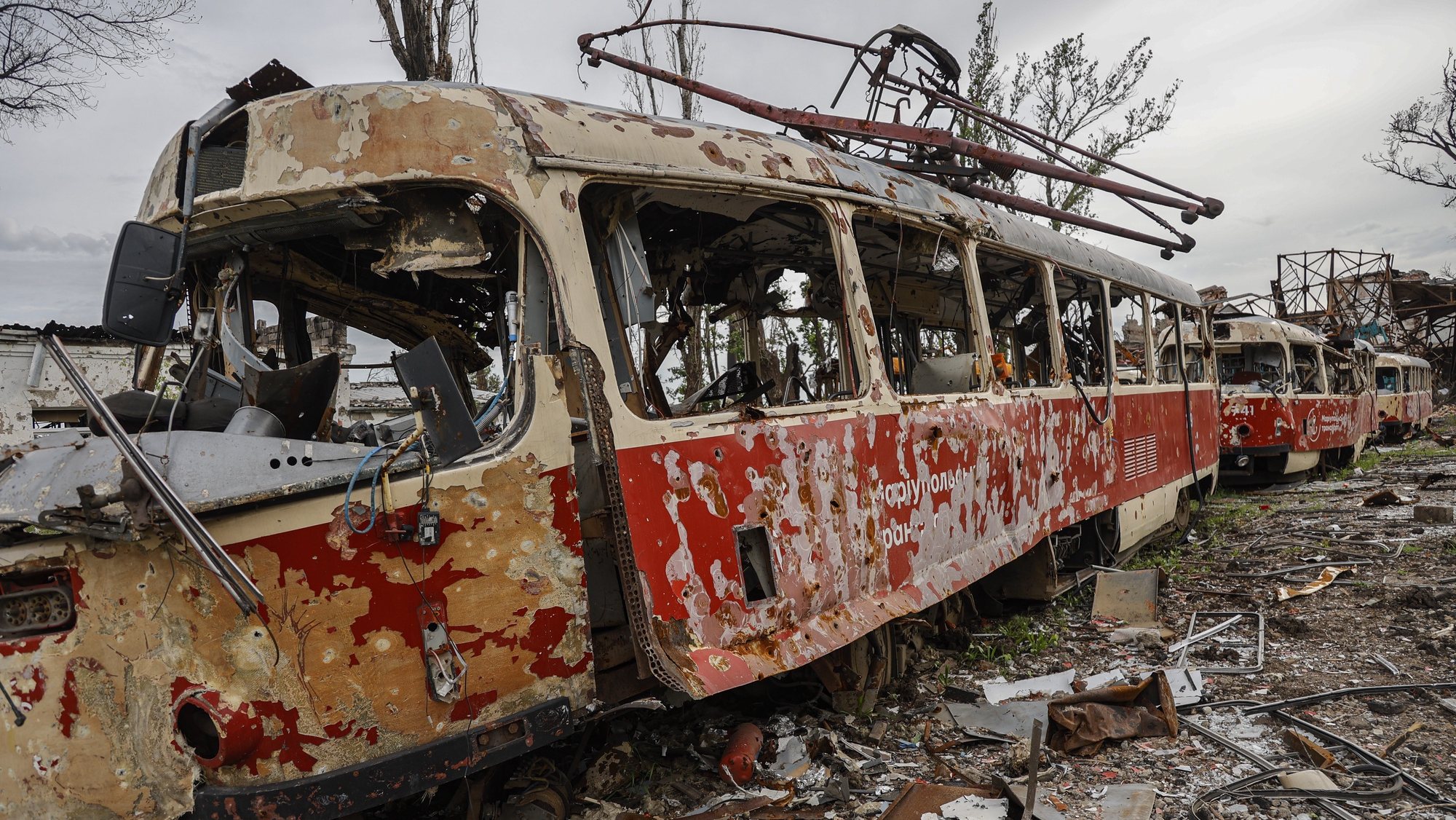 epaselect epa09965004 A destroyed tram at a tram depot in Mariupol, Ukraine, 21 May 2022 (issued 22 May 2022). According to the Head of the self-proclaimed Donetsk People&#039;s Republic Denis Pushilin, 60 percent of the houses in Mariupol were destroyed, 20 percent of which cannot be rebuilt. The Chief spokesman of the Russian Defense Ministry, Major General Igor Konashenkov, said on 20 May that the long-besieged Azovstal steel plant in Mariupol was under full Russian army control.  EPA/ALESSANDRO GUERRA