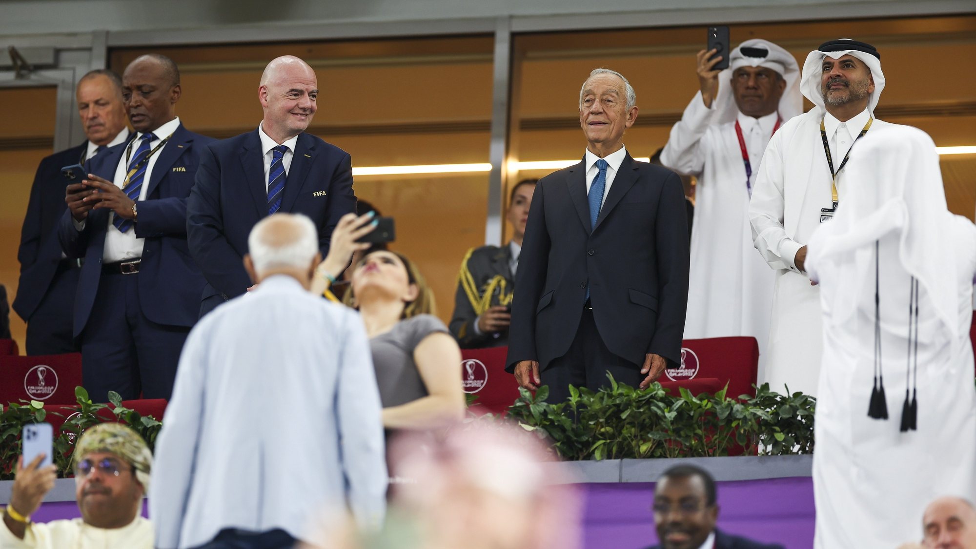 Portugal President Marcelo Rebelo de Sousa (3R) cheers prior to the FIFA World Cup 2022 group H match between Portugal and Ghana at Stadium 974, in Doha, Qatar, 24 November 2022. JOSE SENA GOULAO/LUSA