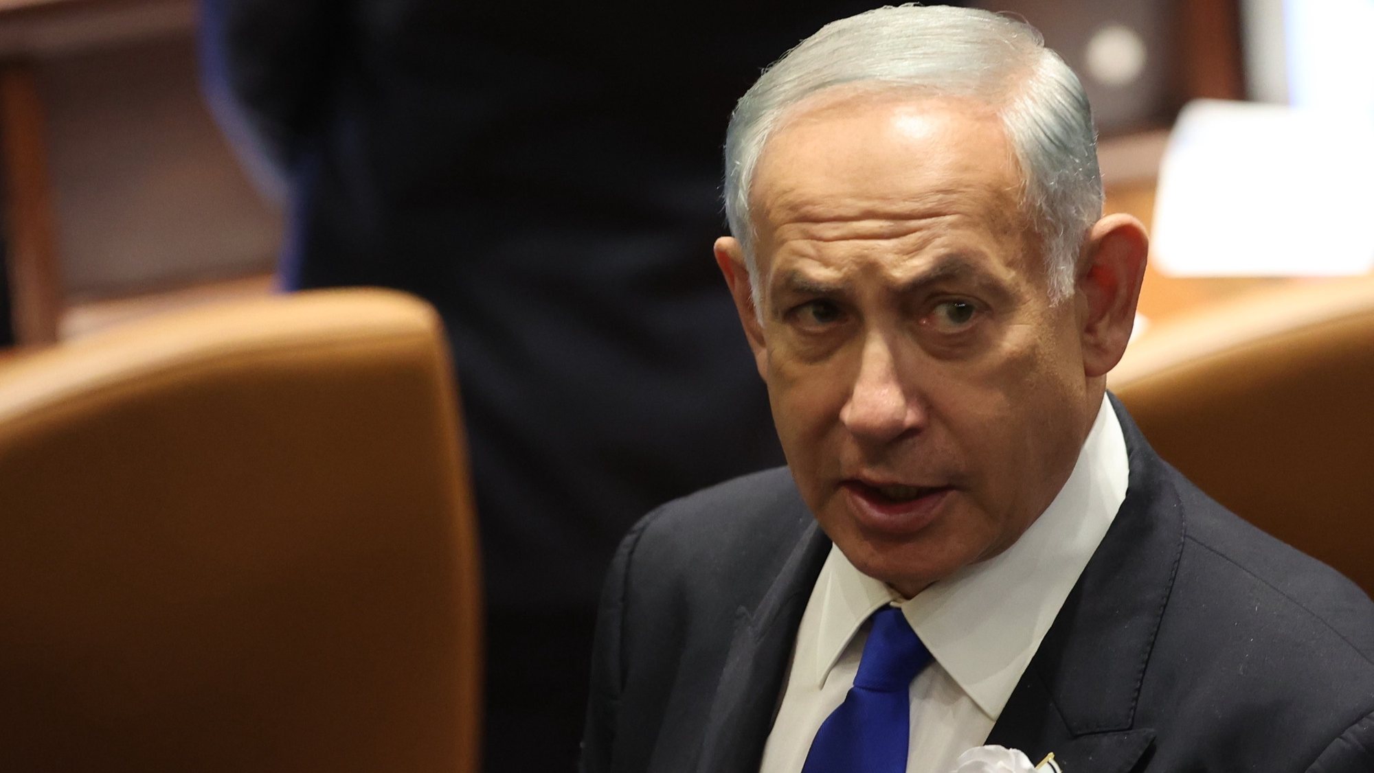epa10307074 Israeli designate Prime Minister Benjamin Netanyahu during the swearing in ceremony of the new Israeli government, the 25th Knesset in Jerusalem, 15 November 2022.  EPA/ABIR SULTAN / POOL