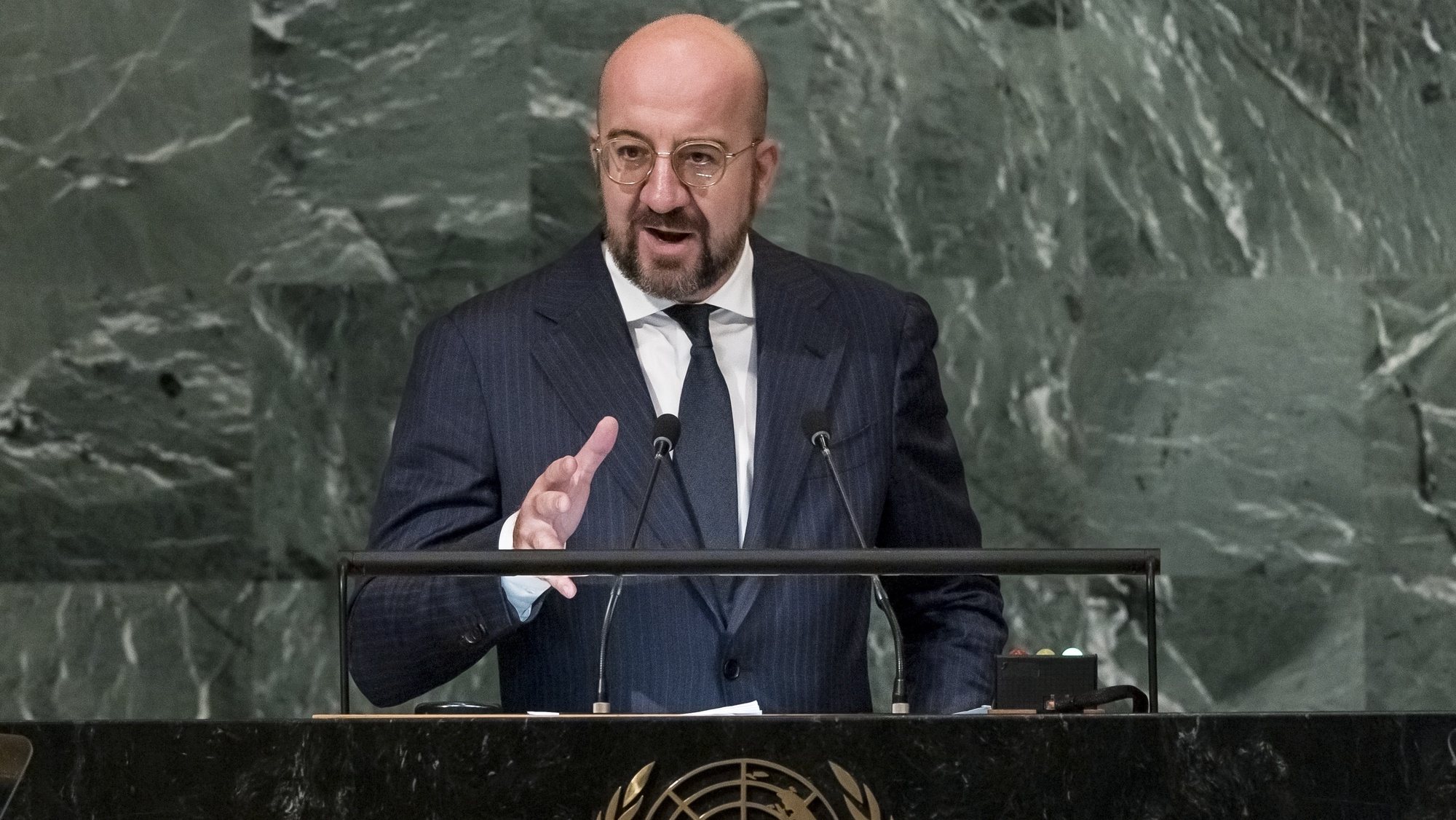 epa10201717 European Union President Charles Michel addresses the General Debate of the 77th session of the United Nations General Assembly in the General Assembly hall at United Nations Headquarters in New York, New York, USA, 23 September 2022.  EPA/JUSTIN LANE