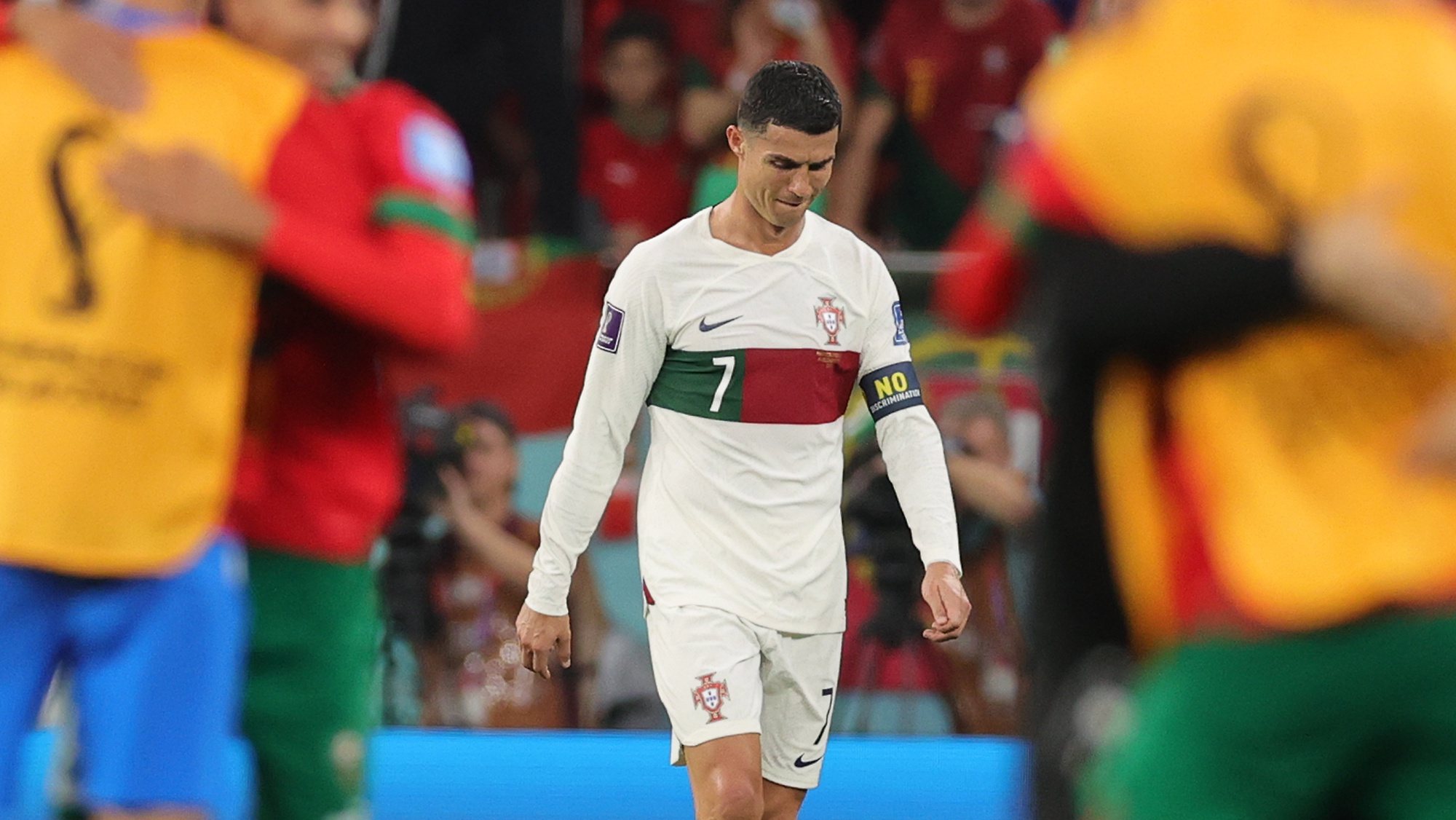 epa10359621 Cristiano Ronaldo of Portugal reacts after the FIFA World Cup 2022 quarter final soccer match between Morocco and Portugal at Al Thumama Stadium in Doha, Qatar, 10 December 2022.  EPA/Friedemann Vogel
