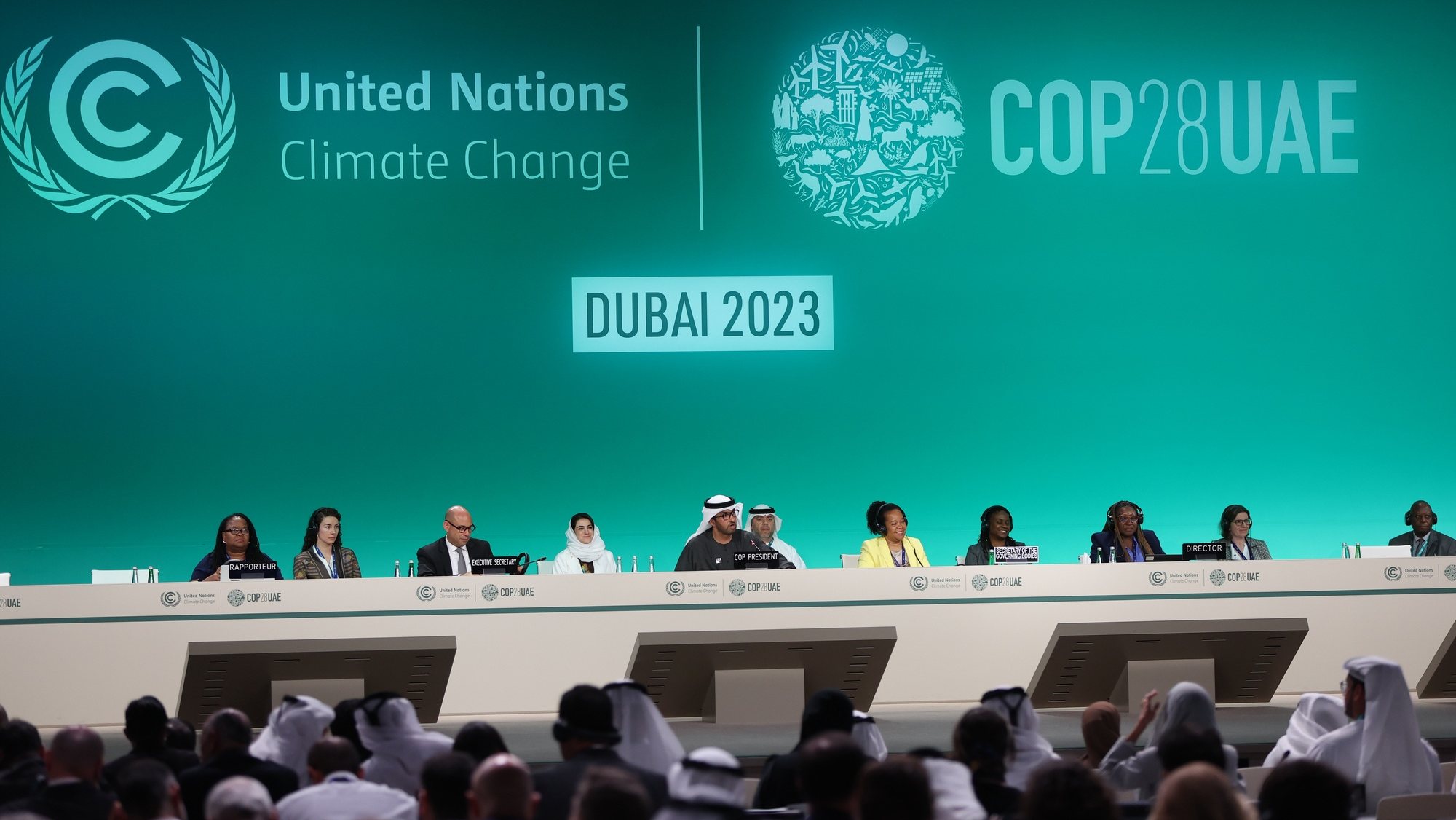 epa11023161 President of COP28 and UAE&#039;s Minister for Industry and Advanced Technology Dr. Sultan Ahmed Al Jaber (C) attends a session of the 2023 United Nations Climate Change Conference (COP28), in Dubai, United Arab Emirates, 11 December 2023. The 2023 United Nations Climate Change Conference (COP28), runs from 30 November to 12 December, and is expected to host one of the largest number of participants in the annual global climate conference as over 70,000 estimated attendees, including the member states of the UN Framework Convention on Climate Change (UNFCCC), business leaders, young people, climate scientists, Indigenous Peoples and other relevant stakeholders will attend.  EPA/ALI HAIDER