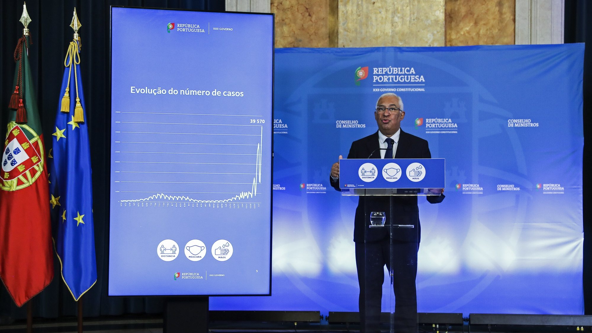 Portuguese Prime Minister Antonio Costa talking on a press briefing announcing the new anti-Covid-19 countermeasures, as the new Omicron variant spreads over Portugal, at the Ajuda palace in Lisbon, Portugal, 06 January 2022. TIAGO PETINGA/LUSA