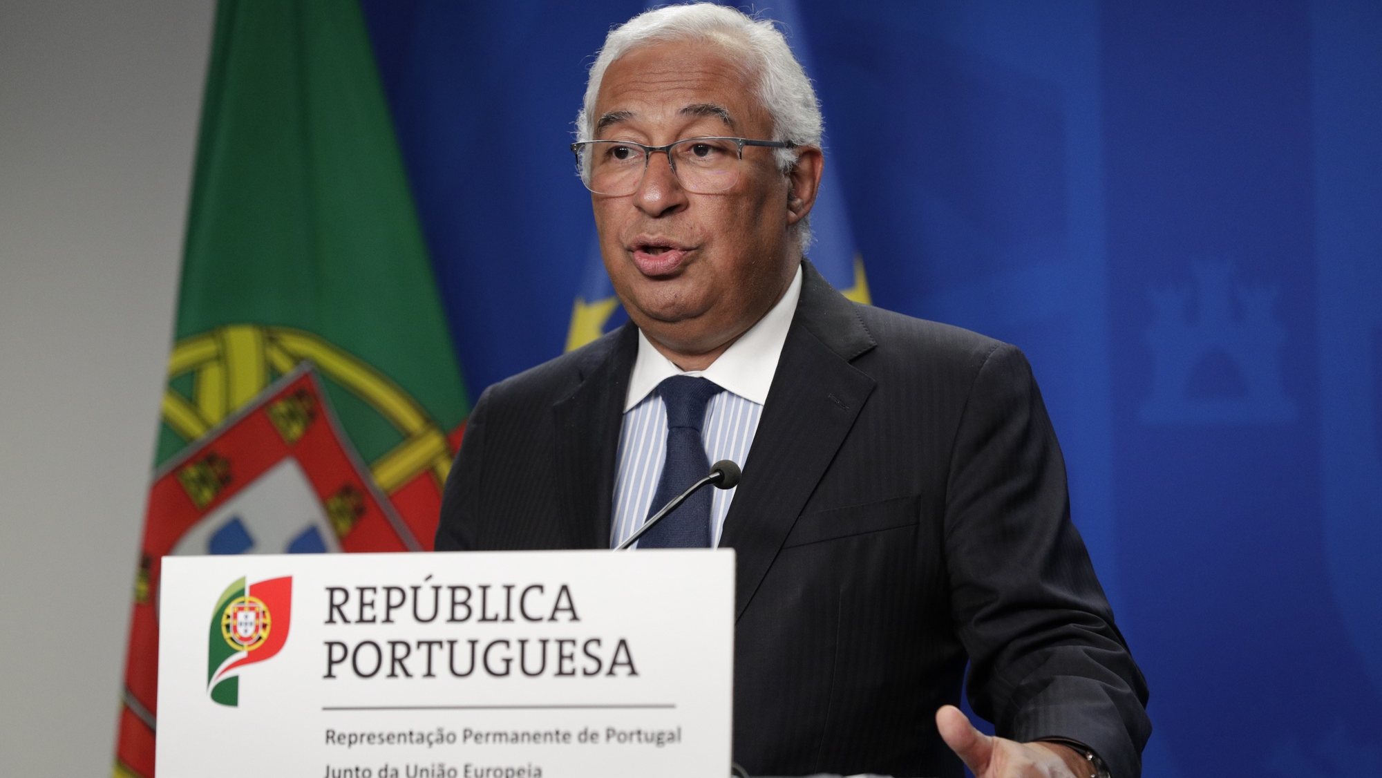 epa09987848 Portugal&#039;s Prime Minister Antonio Costa speaks at a press conference on the second day of a special European Summit on Ukraine, at the European Council, in Brussels, Belgium, 31 May 2022.  EPA/OLIVIER HOSLET