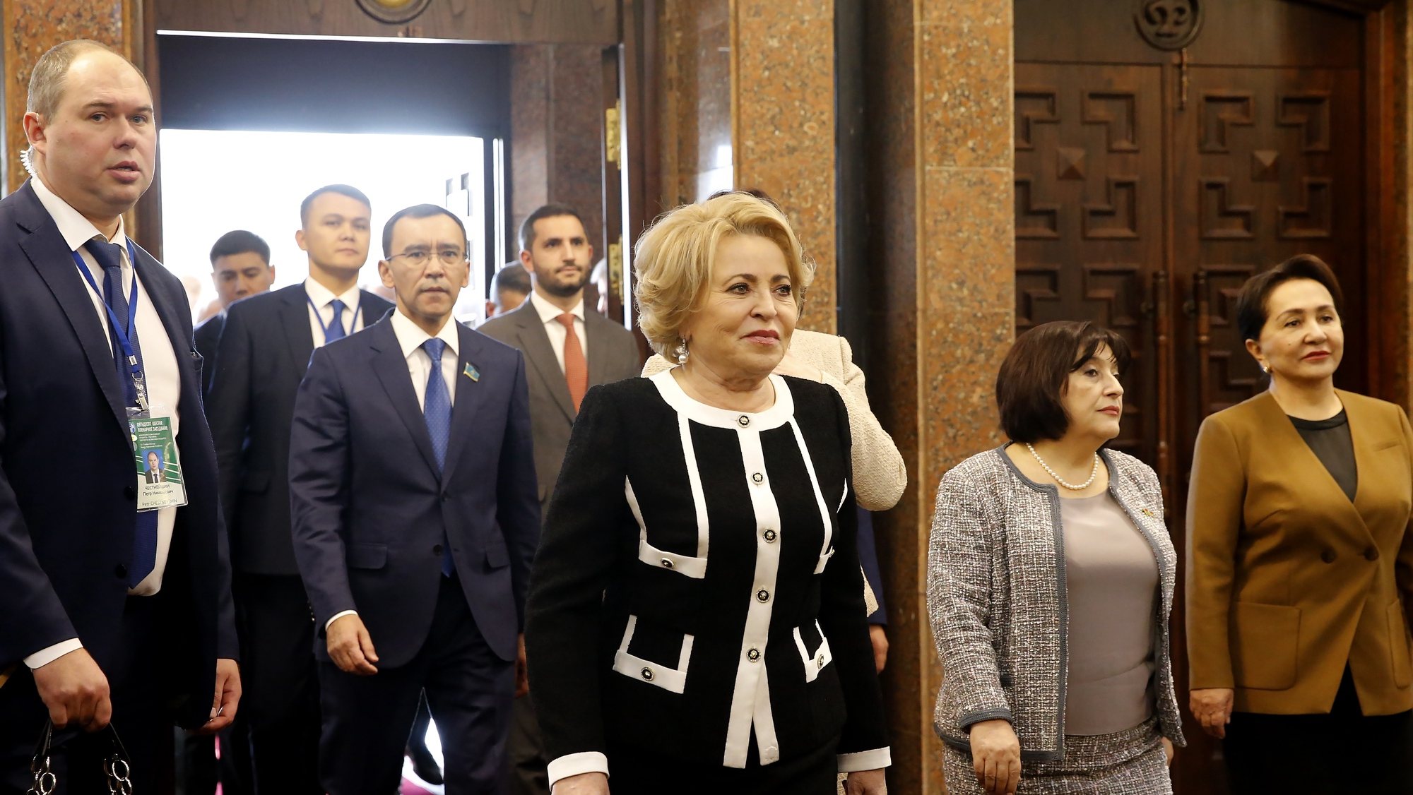 epa10978874 Valentina Matviyenko C), Chairwoman of the Federation Council of the Federal Assembly of the Russian Federation, arrives in the Kyrgyz Parliament in Bishkek, Kyrgyzstan, 16 November 2023, on occasion of the autumn session of the Inter-Parliamentary Assembly of the Commonwealth of Independent States (CIS). The CIS Interparliamentary Assembly will be held in Bishkek on November 16 and 17.  EPA/IGOR KOVALENKO