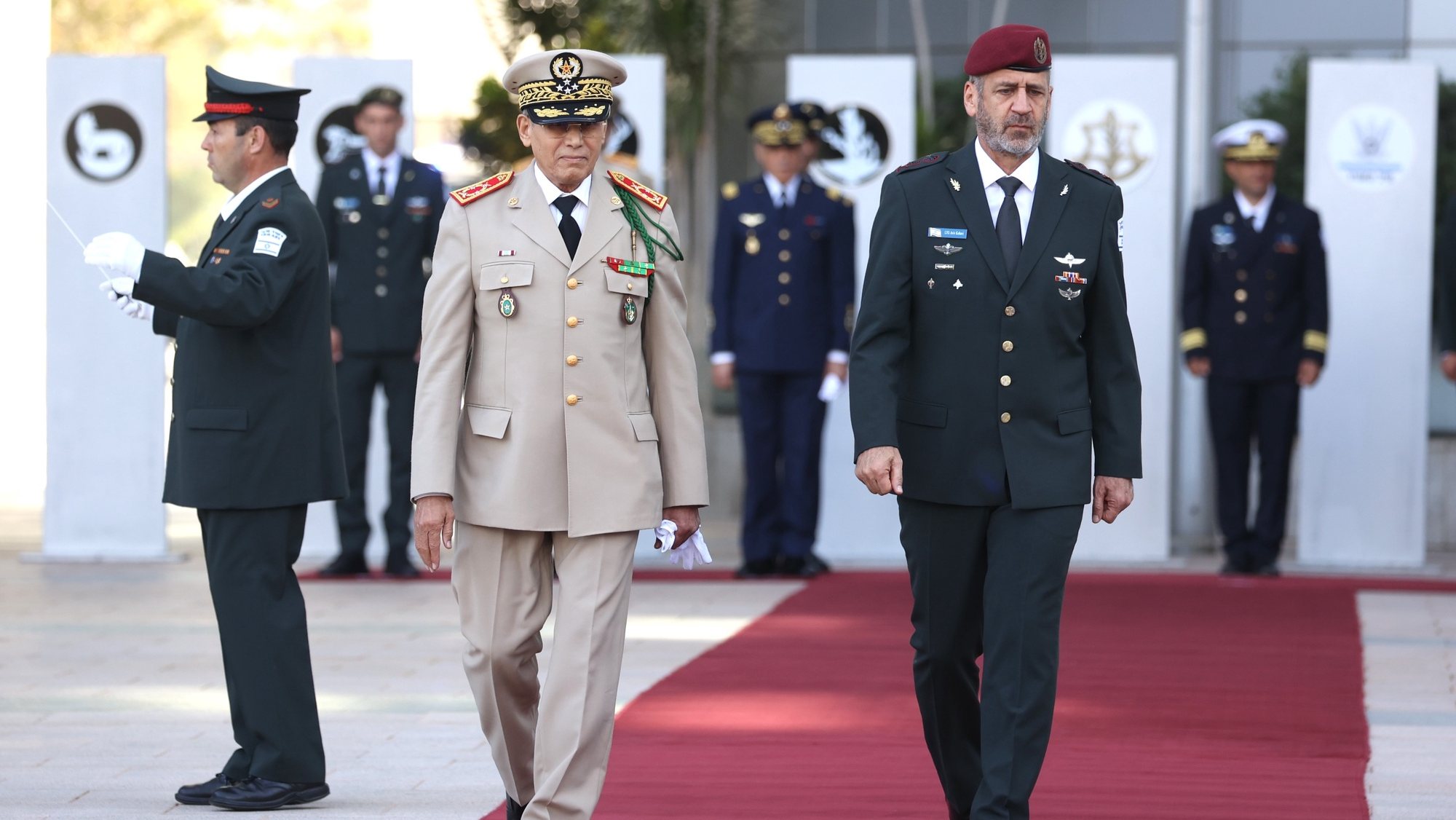 epa10180846 Israeli Army Chief of Staff Aviv Kochavi (R) welcomes the Inspector General of the Royal Armed Forces of Morocco Lieutenant General Belkhir El Farouk (L) at the Kiryah military base in Tel Aviv, Israel, 13 September 2022. Belkhir El Farouk will attend the international conference on defense innovation organized by the Israeli Defense Forces that runs from 12 to 15 September.  EPA/ABIR SULTAN