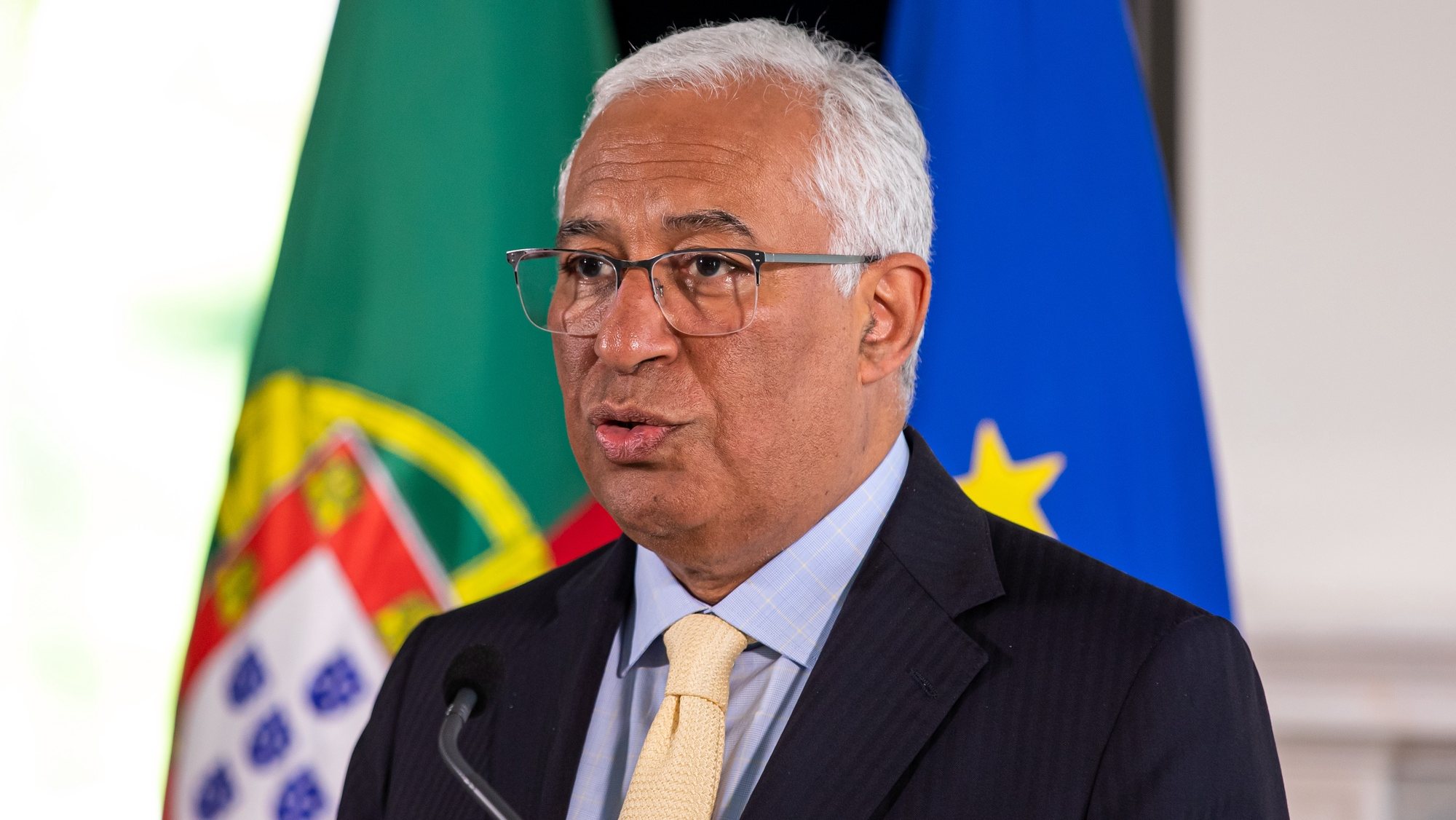 Portuguese Prime Minister Antonio Costa speaks to journalists during a press conference after a video meeting with his Ukrainian counterpart (Denys Shmygal ) at Palacio de Sao Bento, in Lisbon, Portugal, 04 May 2022. The meeting was held to discuss the bilateral cooperation between the two countries and to analyze the current situation amid the Russian invasion of Ukraine. JOSE SENA GOULAO/LUSA
