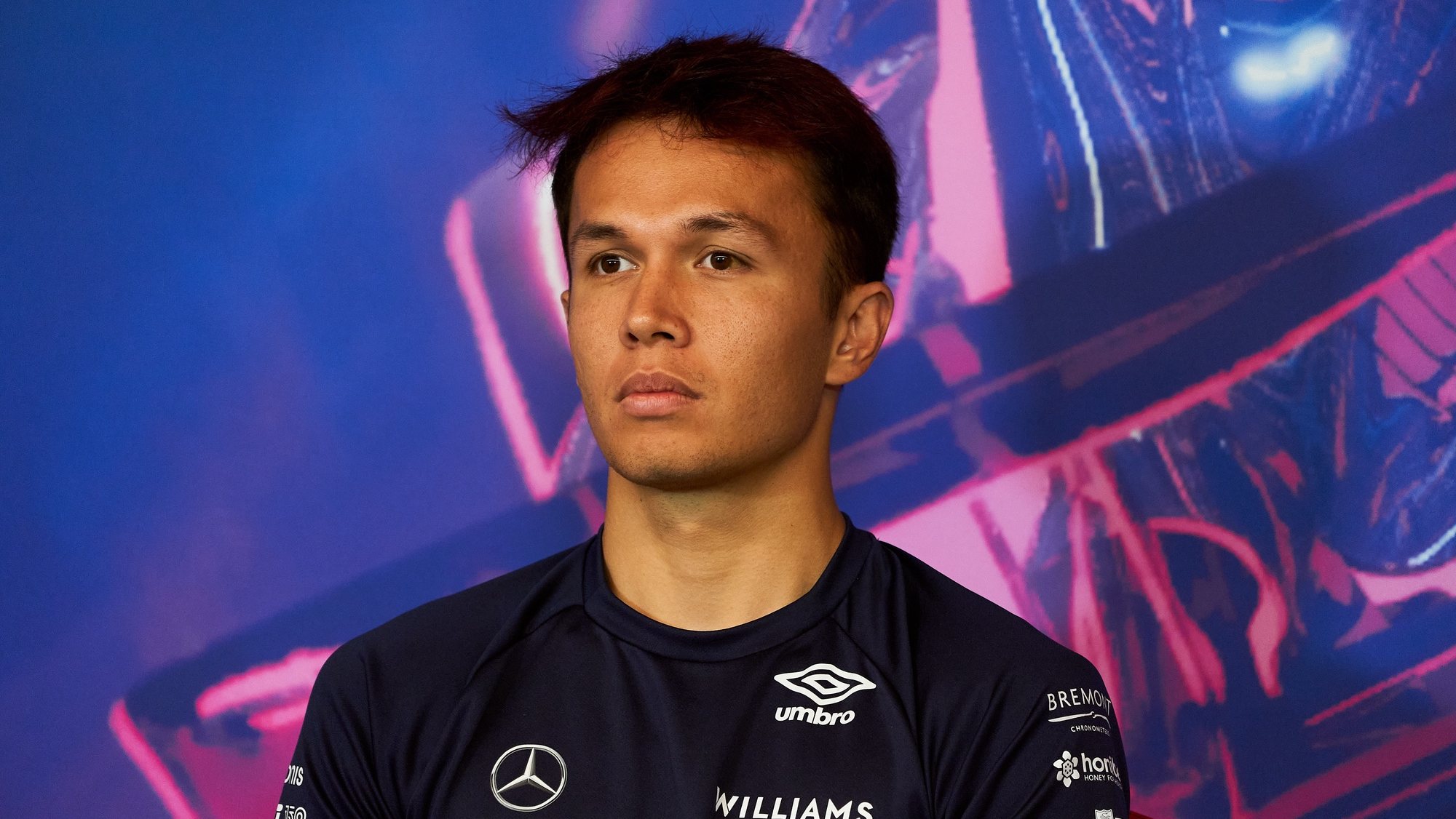 epa10018730 Thai Formula One driver Alex Albon of Williams Racing reacts during the press conference for the Canada Formula One Grand Prix at the Gilles Villeneuve circuit in Montreal, Canada, 17 June 2022. The Formula One Grand Prix of Montreal will take place on 19 June 2022.  EPA/ANDRE PICHETTE