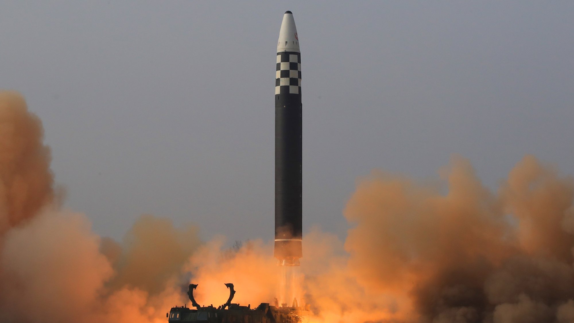 epa09848044 A photo released by the official North Korean Central News Agency (KCNA) shows the test-launch of a new type of inter-continental ballistic missile Hwasongpho-17 of the DPRK strategic forces that was conducted on 24 March 2022 (issued 25 March 2022).  EPA/KCNA   EDITORIAL USE ONLY