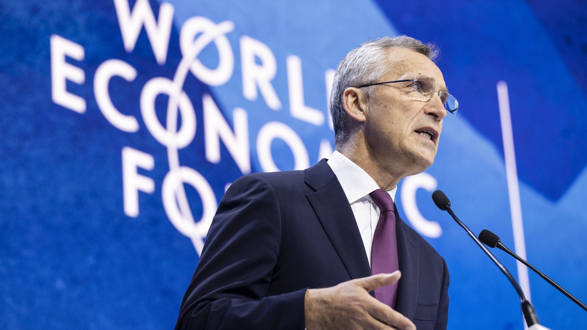epa09971231 North Atlantic Treaty Organization (NATO) Secretary-General Jens Stoltenberg addresses a panel session during the 51st annual meeting of the World Economic Forum (WEF) in Davos, Switzerland, 24 May 2022. The forum has been postponed due to the COVID-19 pandemic and was rescheduled to early summer. The meeting brings together entrepreneurs, scientists, corporate and political leaders in Davos under the topic &#039;History at a Turning Point: Government Policies and Business Strategies&#039; from 22 to 26 May 2022.  EPA/GIAN EHRENZELLER