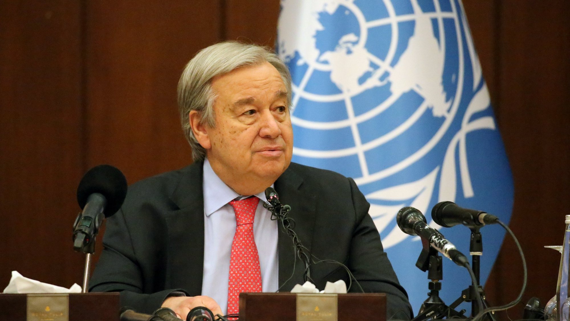 epa10497272 The Secretary-General of the United Nations, Antonio Guterres speaks during a press conference at the al-Rasheed hotel in Baghdad, Iraq, 01 March 2023. Antonio Guterres announced that his visit is to show solidarity and promote hope for a better future for Iraq.  EPA/AHMED JALIL