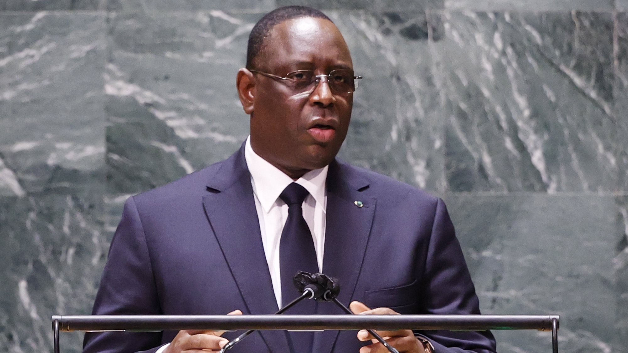 epa09485767 President of Senegal, Macky Sall, speaks at the UN General Assembly 76th session General Debate in UN General Assembly Hall at the United Nations Headquarters, in New York City, New York, USA, 24 September 2021.  EPA/JOHN ANGELILLO / POOL