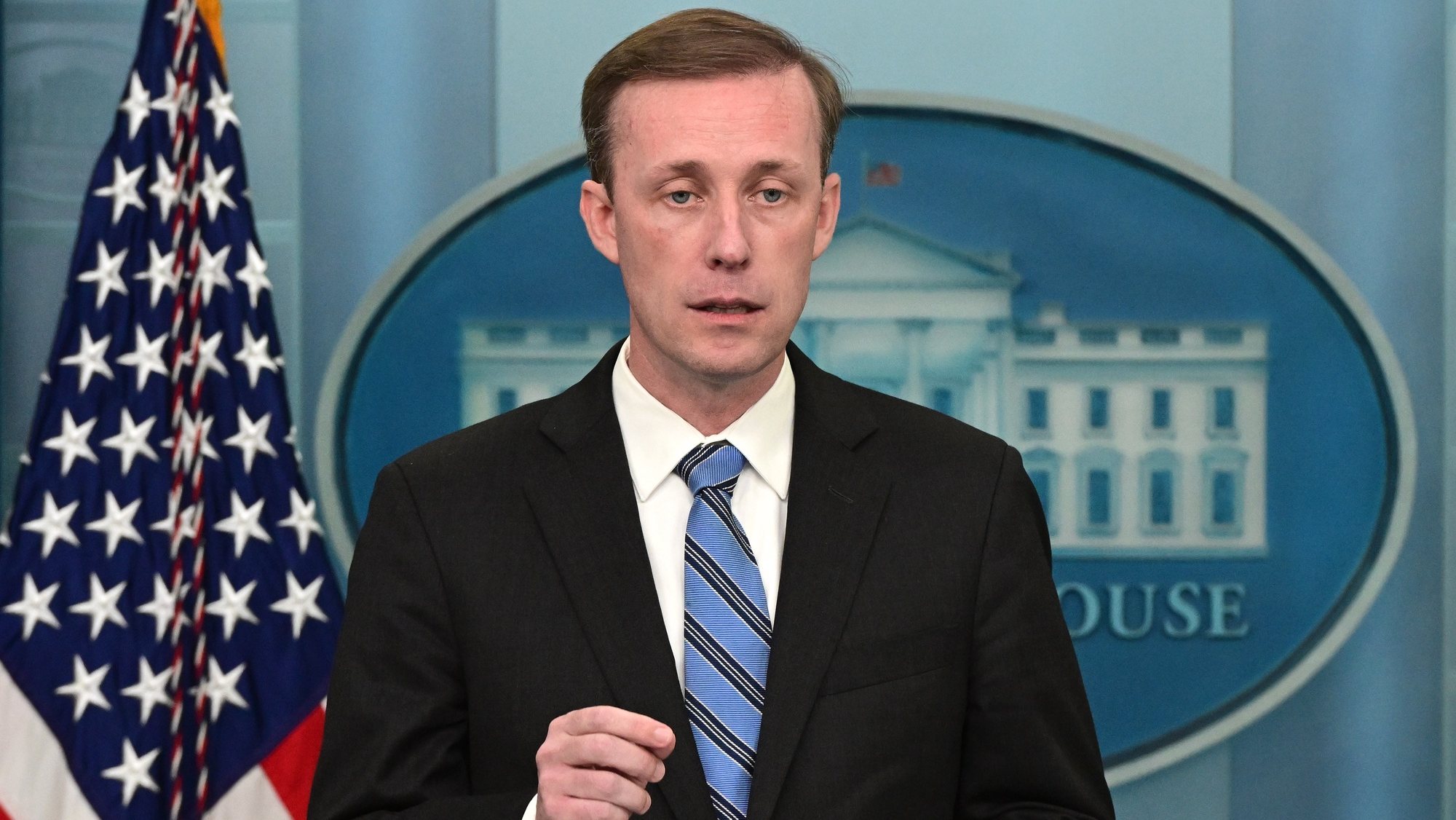 epa10195603 US National Security Advisor Jake Sullivan speaks to the media during the daily press briefing in the Brady Press Briefing Room of the White House in Washington, DC, USA, 20 September 2022.  EPA/Ron Sachs / POOL