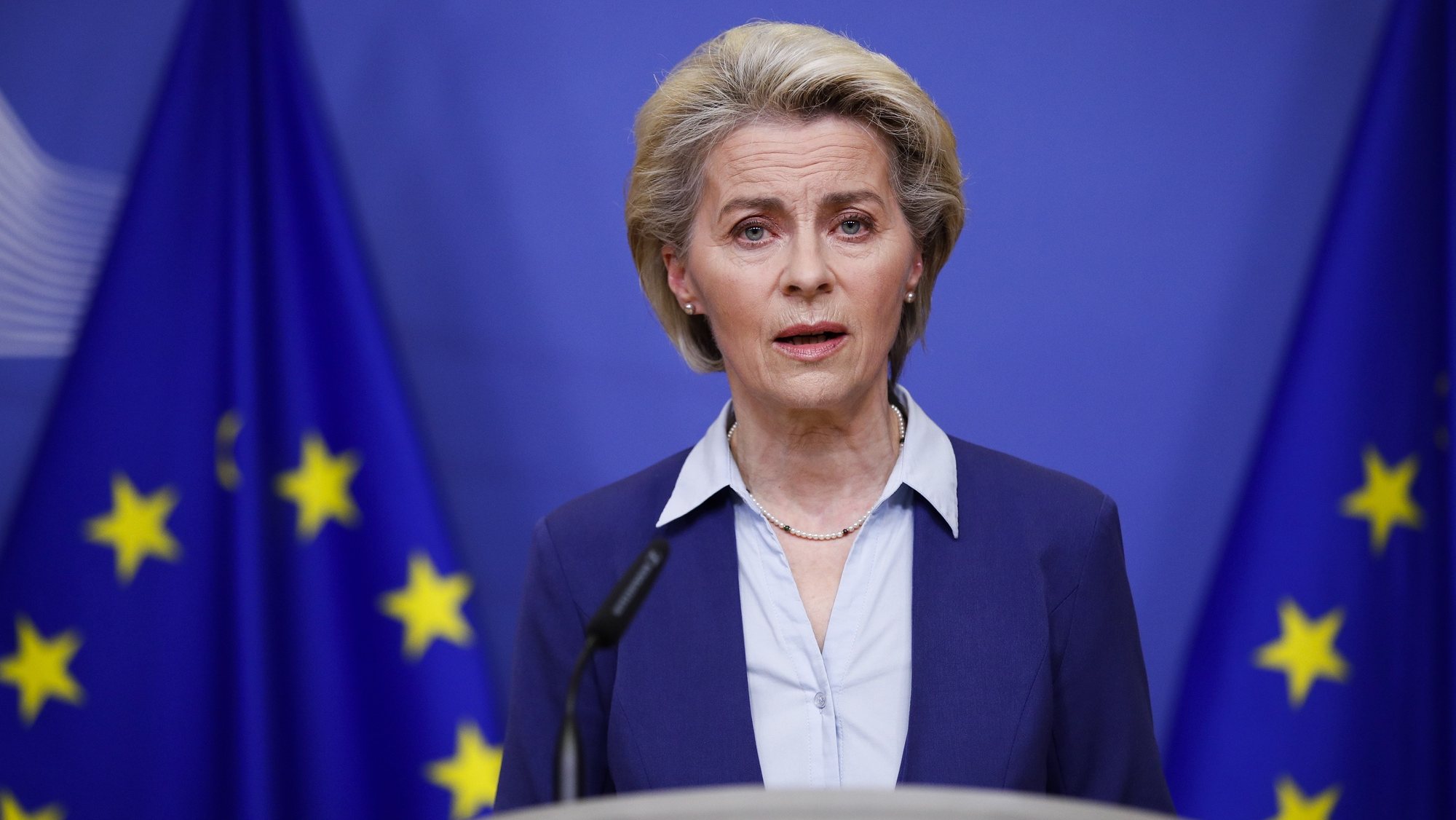 epa09777251 European Commission President Ursula von der Leyen delivers a statement following the conclusion of an EU Foreign Ministers&#039; meeting on the crisis in Ukraine, in Brussels, Belgium 22 February 2022. Von der Leyen said she &quot;welcomed the EU countries&#039; agreement on new sanctions against Russia&quot;. Russia on 21 February 2022 recognised the eastern Ukrainian self-proclaimed breakaway regions as independent states and ordered the deployment of peacekeeping troops to the Donbas, triggering an expected series of economic sanctions announcements by Western countries. The self-proclaimed Donetsk People&#039;s Republic (DNR) and Luhansk People&#039;s Republic (LNR) declared independence in 2014 amid an armed conflict in the eastern Ukraine.  EPA/JOHANNA GERON / POOL