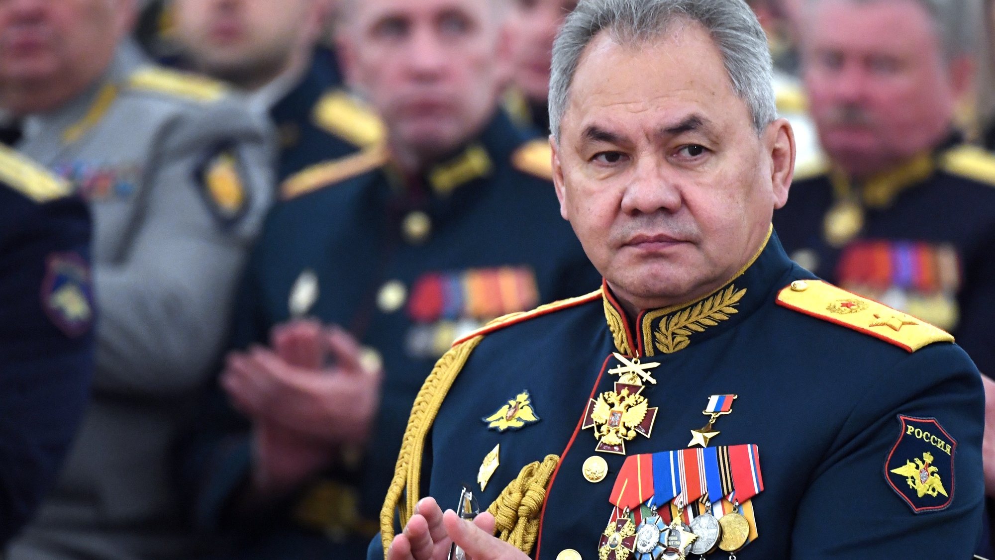 epa10025439 Russian Defence Minister Sergei Shoigu attends a meeting of Russian President Vladimir Putin with graduates of the Russian military schools during a meeting at the Kremlin in Moscow, Russia, 21 June 2022.  EPA/MIKHAIL METZEL / KREMLIN POOL / SPUTNIK / MANDATORY CREDIT