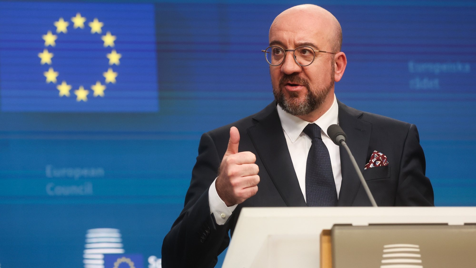 epa11286663 European Council President Charles Michel during a special meeting of the European Council in Brussels, Belgium, 18 April 2024. EU leaders gather in Brussels for a two-day summit to discuss the economy and competitiveness, among other issues.  EPA/OLIVIER HOSLET