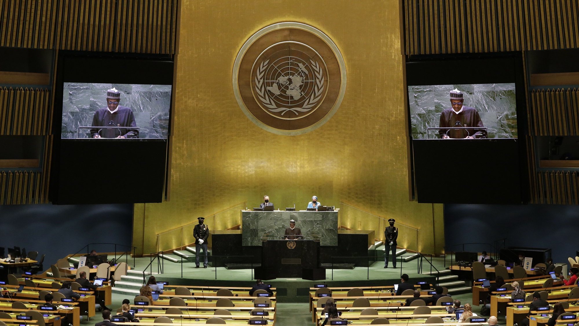 epa09485636 Nigeria&#039;s President Muhammadu Buhari  addresses the 76th Session of the United Nations General Assembly, in New York City, New York, USA, 24 September 2021.  EPA/JOHN ANGELILLO / POOL