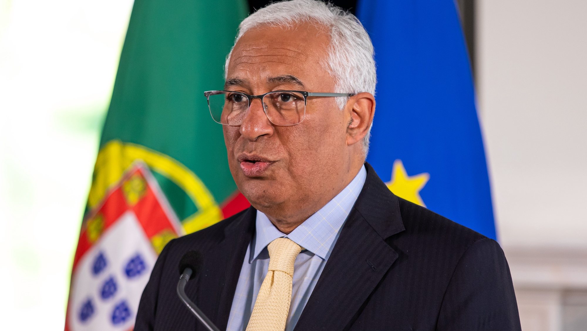 Portuguese Prime Minister Antonio Costa speaks to journalists during a press conference after a video meeting with his Ukrainian counterpart (Denys Shmygal ) at Palacio de Sao Bento, in Lisbon, Portugal, 04 May 2022. The meeting was held to discuss the bilateral cooperation between the two countries and to analyze the current situation amid the Russian invasion of Ukraine. JOSE SENA GOULAO/LUSA