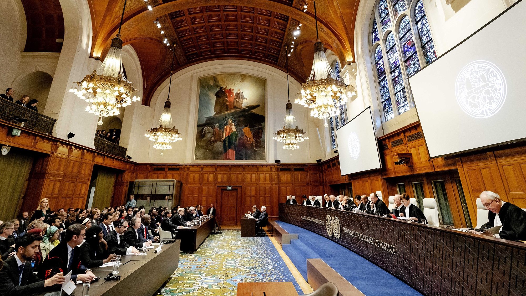 epa08153755 A general view of a session of the International Court of Justice in The Hague, The Netherlands, 23 January 2020, as it rules in the lawsuit filed by The Gambia against Myanmar. That country is accused of genocide because of the persecution of a Muslim minority in the country.  EPA/ROBIN VAN LONKHUIJSEN