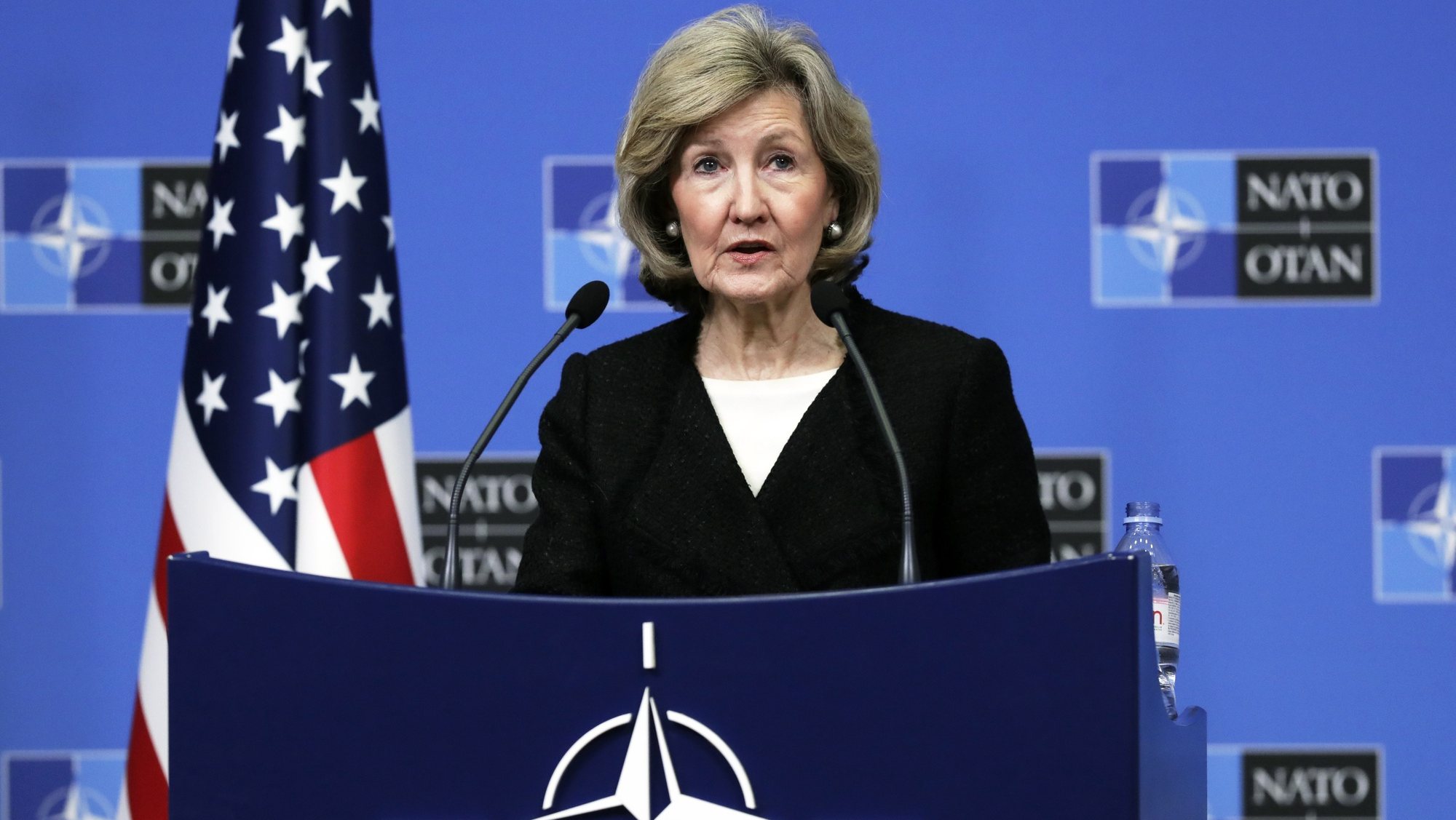 epa08210739 US Ambassador to NATO Kay Bailey Hutchison speaks at a press conference ahead to a NATO defense ministers meeting in Brussels, Belgium, 11 February 2020. Nato defense minister will gather on 12 and 13 February in Brussels.  EPA/OLIVIER HOSLET