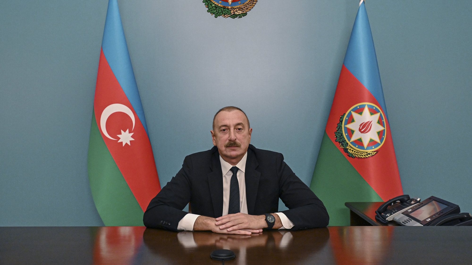 epa10872735 Azerbaijani President Ilham Aliyev delivers his speech to Azeri people following the Azeri military operation in Nagorno-Karabakh, in Baku, Azerbaijan, 20 September 2023. Aliyev said that as a result of â€˜local anti-terrorist measuresâ€™ in the Karabakh region of the country, Azerbaijan has restored its sovereignty. The President of Azerbaijan added that â€˜a significant part of the army, which was illegally stationed by the Armenian state on Azerbaijani territories and had not yet been withdrawn despite the obligations of Armenia, was destroyedâ€™ along with military equipment.  EPA/ROMAN ISMAYILOV