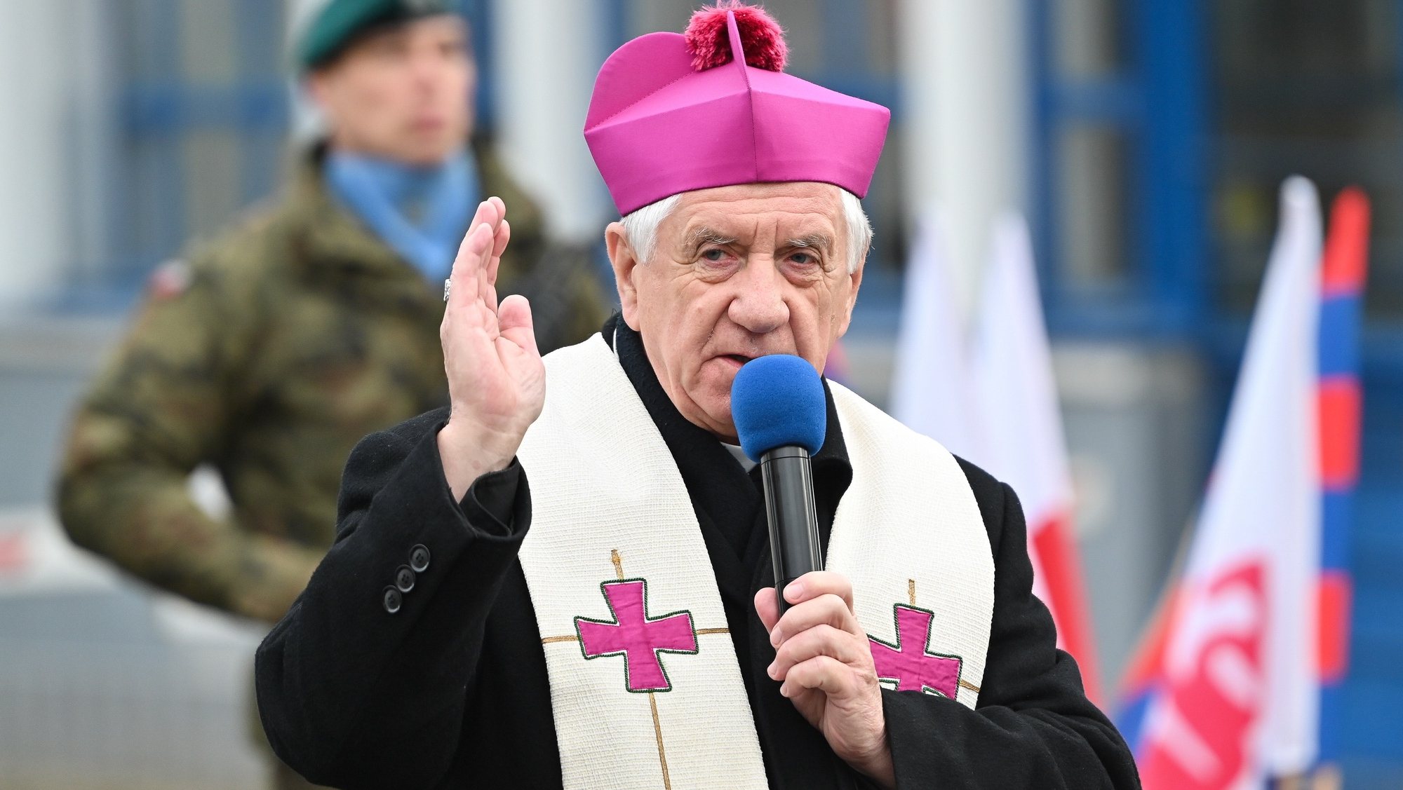 epa11034294 Metropolitan of Szczecin-KamieÃ±, Archbishop Andrzej Dziega speaks during the ceremony in front of the gate of the Szczecin Shipyard commemorating the victims of Szczecin December &#039;70, in Szczecin, northwest Poland, 17 December 2023. In December 1970, a wave of strikes and demonstrations against price increases introduced by the communist authorities occured. To quell the protests, the authorities allowed the police and army to use weapons. According to official figures, 16 people were killed and more than 100 wounded in Szczecin.  EPA/Marcin Bielecki POLAND OUT