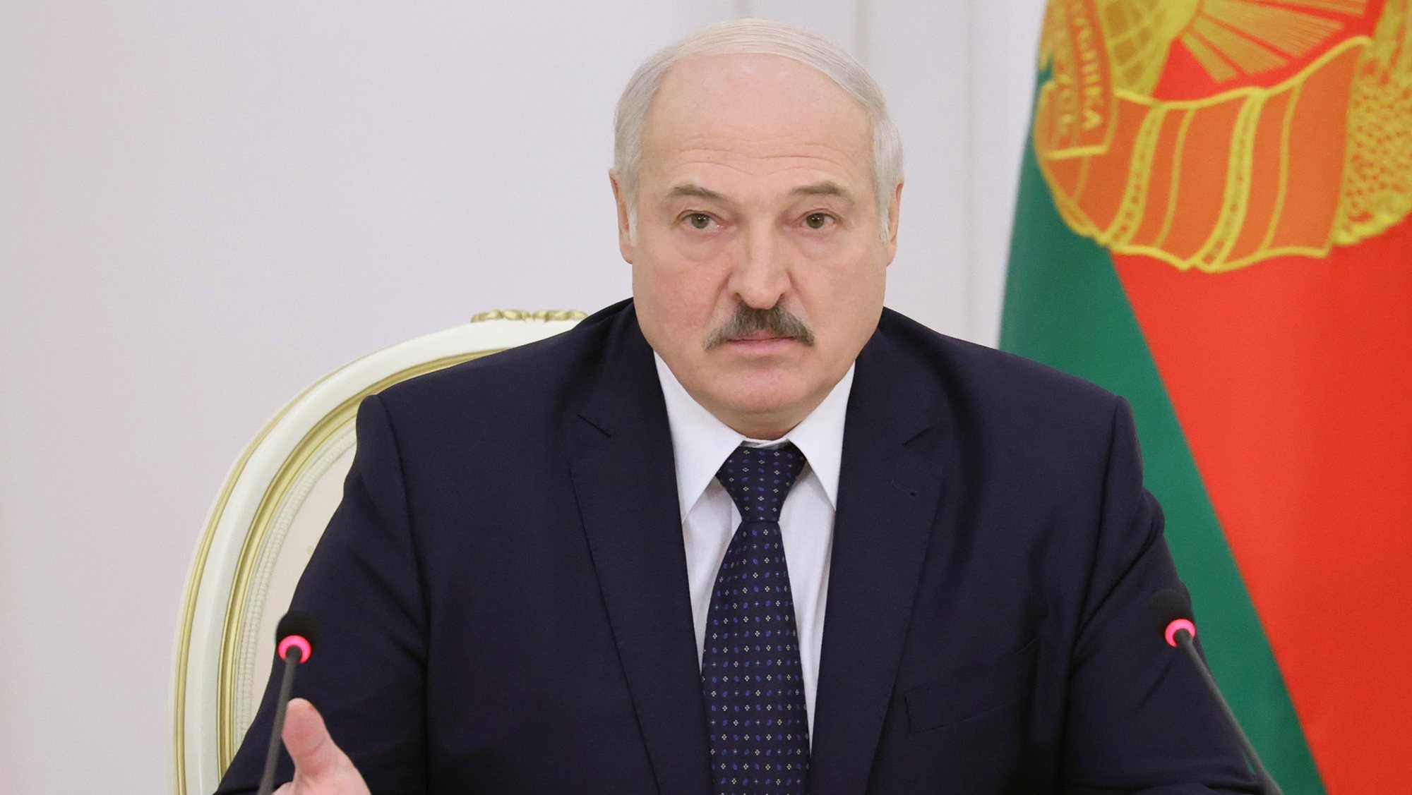 epa09318612 (FILE) Belarusian President Alexander Lukashenko talks during a meeting for economy assessment for 2020 and a draft forecast documents for 2021 in Minsk, Belarus, 07 December 2020 (reissued 02 July 2021). President Lukashenko on 02 July 2021, during a solemn meeting marking the Independence day, has ordered to close the border with Ukraine to prevent the significant incursion of weapons from Ukraine to Belarus, according to Belarusian state news agency Belta.  EPA/MAXIM GUCHEK/ POOL MANDATORY CREDIT *** Local Caption *** 56548158