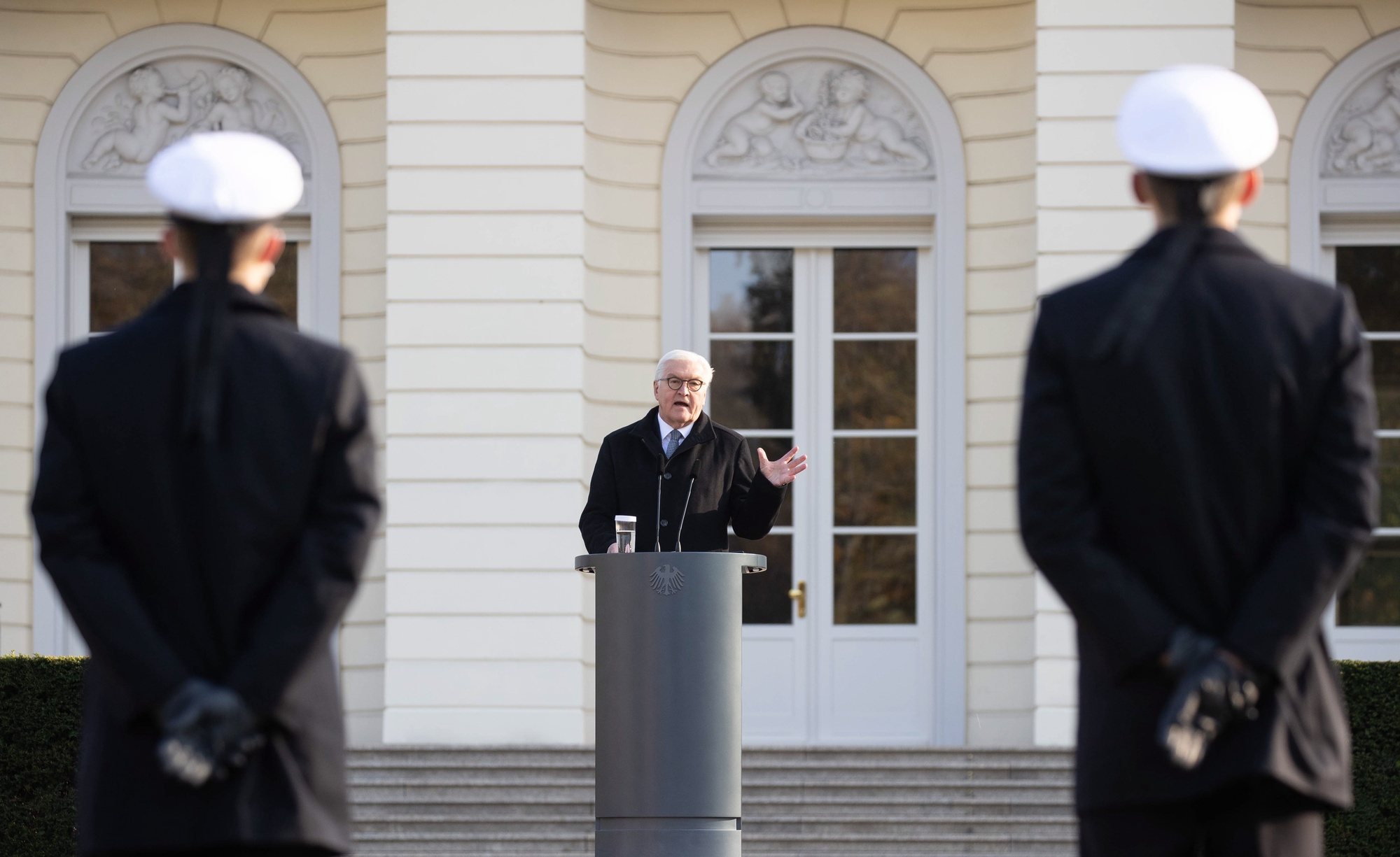 epa08815813 German President Frank-Walter Steinmeier delivers a speech during a swearing in ceremony of the German armed forces (Bundeswehr) soldiers in Berlin, Germany, 12 November 2020. The ceremony takes place on the 65th anniversary of the founding of the German army.  EPA/HAYOUNG JEON