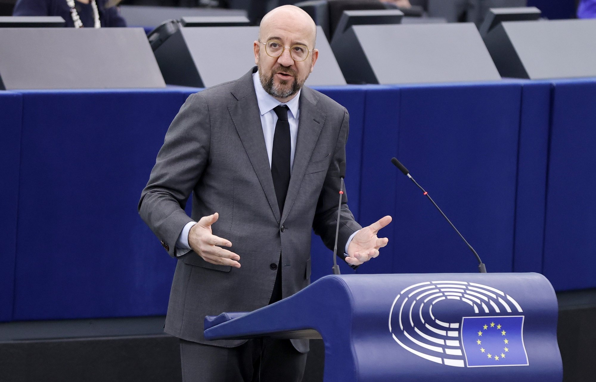 epa11130569 EU Council President Charles Michel speaks during a debate on &#039;Motions for resolutions - The need for unwavering EU support for Ukraine, after two years of Russia’s war of aggression against Ukraine&#039; at the European Parliament in Strasbourg, France, 06 February 2024. The EU Parliament&#039;s session runs from 05 till 08 February 2024.  EPA/RONALD WITTEK