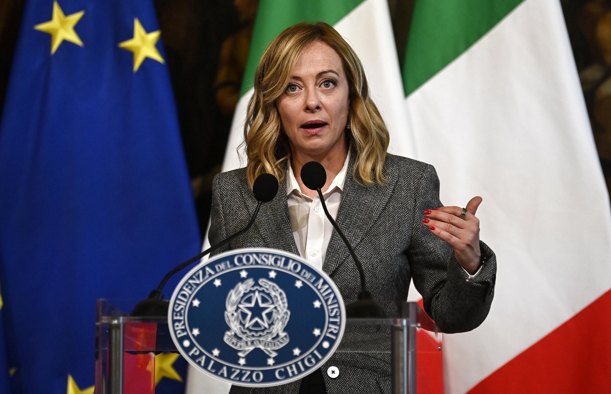 epa10975140 Italian Premier Giorgia Meloni addresses the media during a joint press conference with the Slovenian Premier Robert Golob (unseen) after their meeting at Palazzo Chigi in Rome, Italy, 14 November 2023.  EPA/Riccardo Antimiani