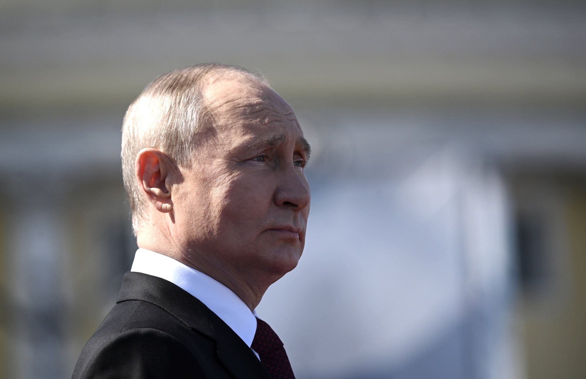 epa10776886 Russian President Vladimir Putin looks on as he attends the Navy Day parade, in St. Petersburg, Russia, 30 July 2023. President Putin announced that the Russian navy will get 30 new ships this year, during his speech at the annual Navy Day Parade in St Petersburg. Russian Navy Day is celebrated annually on the last Sunday of July.  EPA/ALEXANDER KAZAKOV / SPUTNIK / KREMLIN POOL / POOL -- MANDATORY CREDIT--