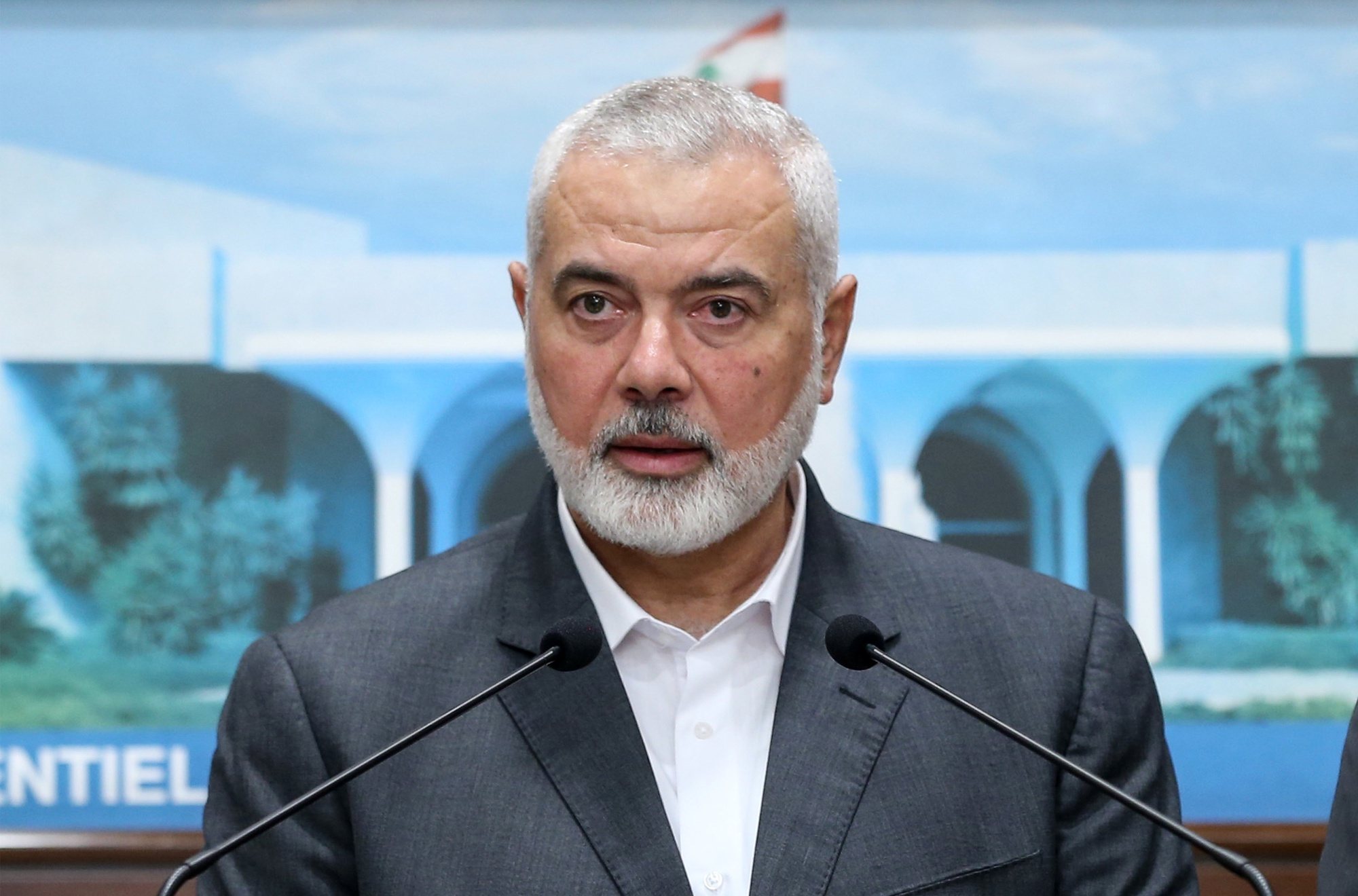 epa09307311 A handout photo made available by the Official Photography of the Lebanese Government Dalati Nohra shows Senior Political Leader of Hamas movement Ismail Haniyeh speaks to media after his meeting with the Lebanese President Michel Aoun at the presidential palace in Baabda east of Beirut, Lebanon, 28 June 2021. Ismail Haniyeh arrived in an official visit to Lebanon, to discuss the situation of the displaced Palestinians  during the economic and political crisis in Lebanon.  EPA/DALATI NOHRA HANDOUT  HANDOUT EDITORIAL USE ONLY/NO SALES