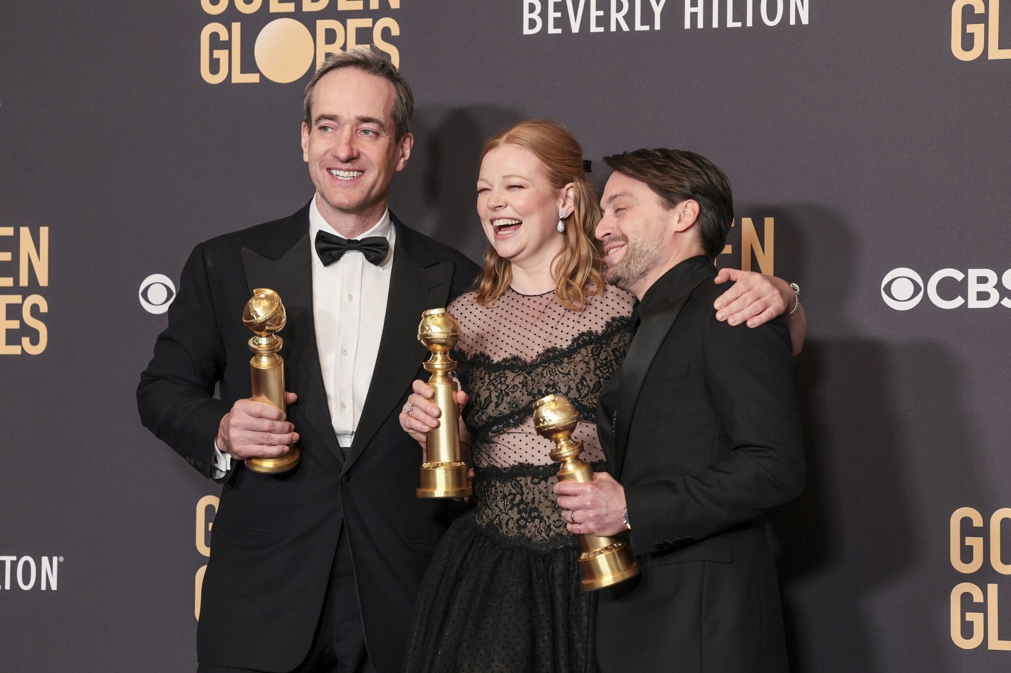 epa11063622 (L-R) English actor Matthew Macfayden, Australian actor Sarah Snook and US actor Kieran Culkin hold their respective Golden Globe awards for their performances in the television series &#039;Succession&#039; in the press room during the 81st annual Golden Globe Awards ceremony at the Beverly Hilton Hotel in Beverly Hills, California, USA, 07 January 2024. Artists in various film and television categories are awarded Golden Globes by the Hollywood Foreign Press Association.  EPA/ALLISON DINNER